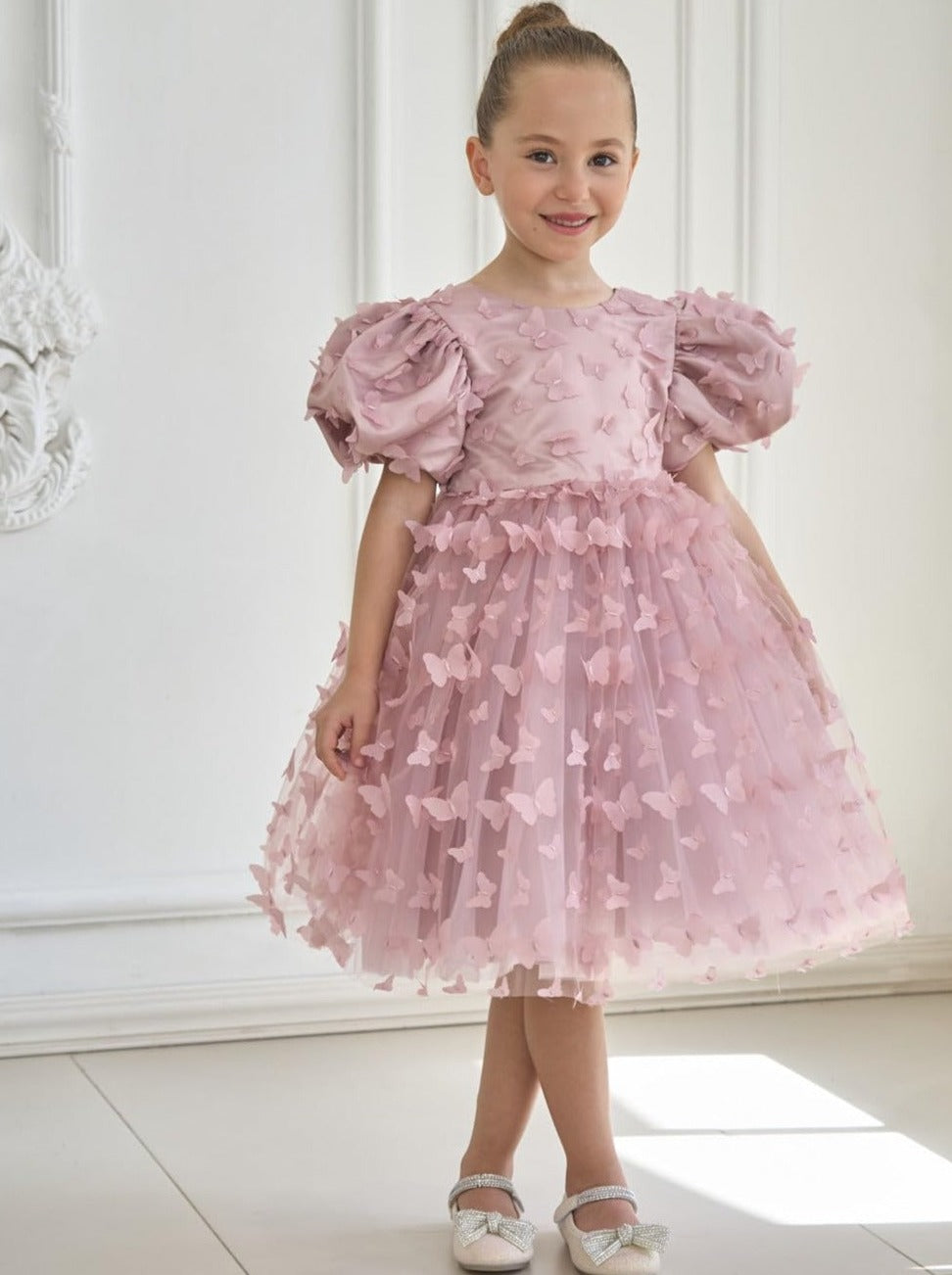 Organza Tulle Babydoll Girl Dress 3D Butterfly in Dusty pink