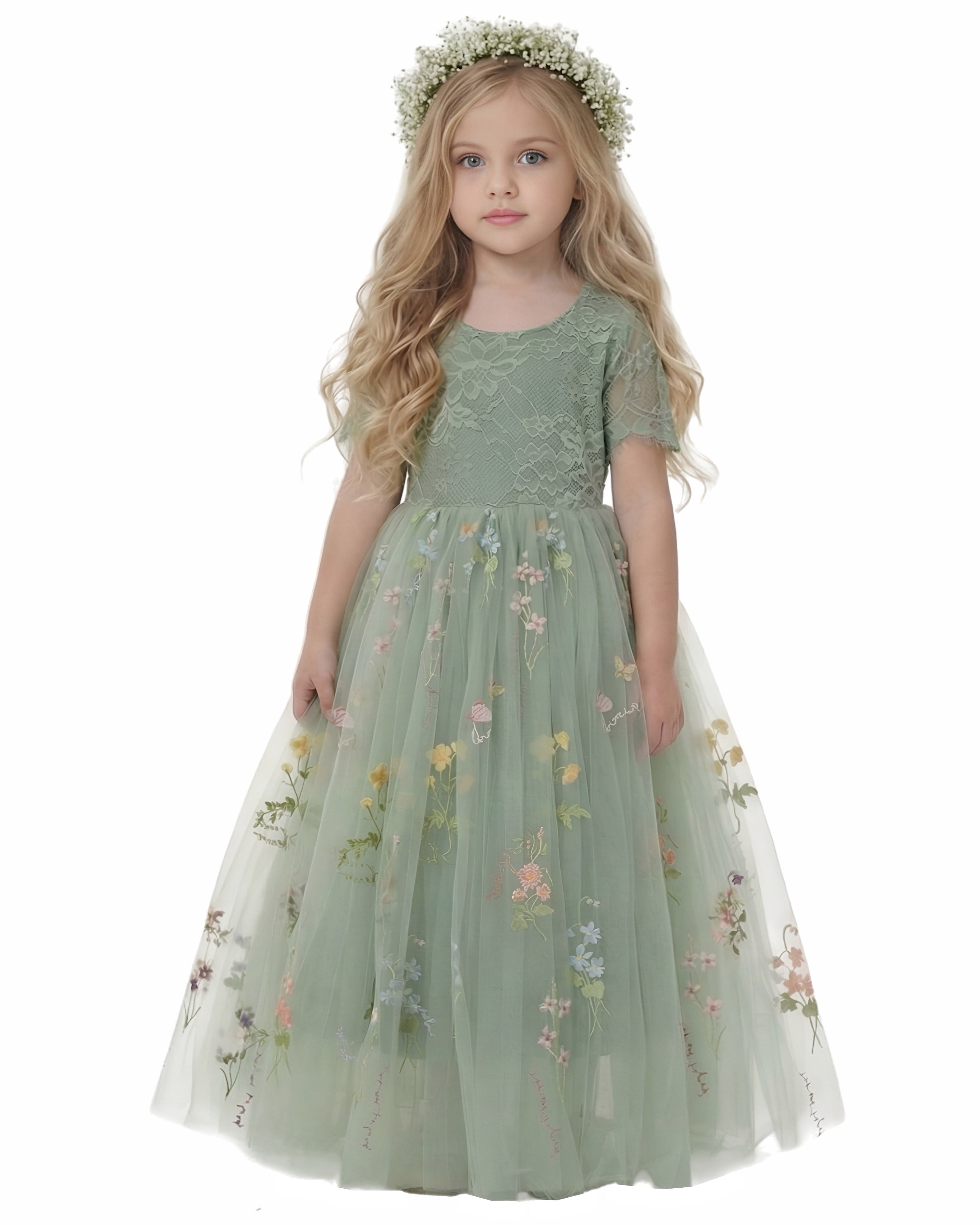 2Bunnies Girls' 3T-10yr Floral Garden Embroidered Tulle Lace Girl Dress Short Sleeve Maxi Purple 9-10 Years