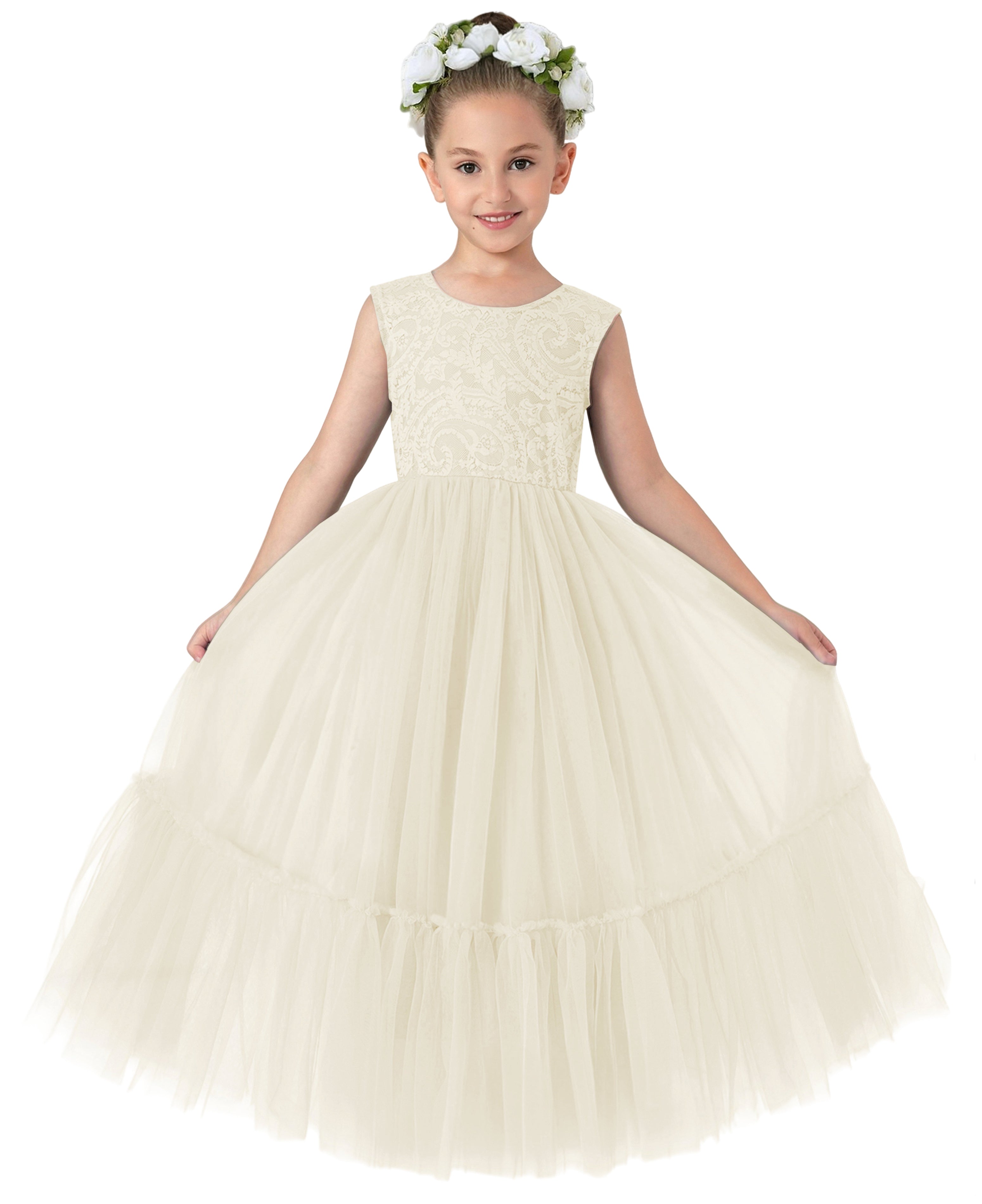 Girls' Paisley Lace Tulle Ruffled Maxi Flower Girl Dress in Ivory 5 / Ivory Girls' Paisley Lace Tulle Ruffled Maxi Flower Girl Dress in Ivory 5 / Ivory
