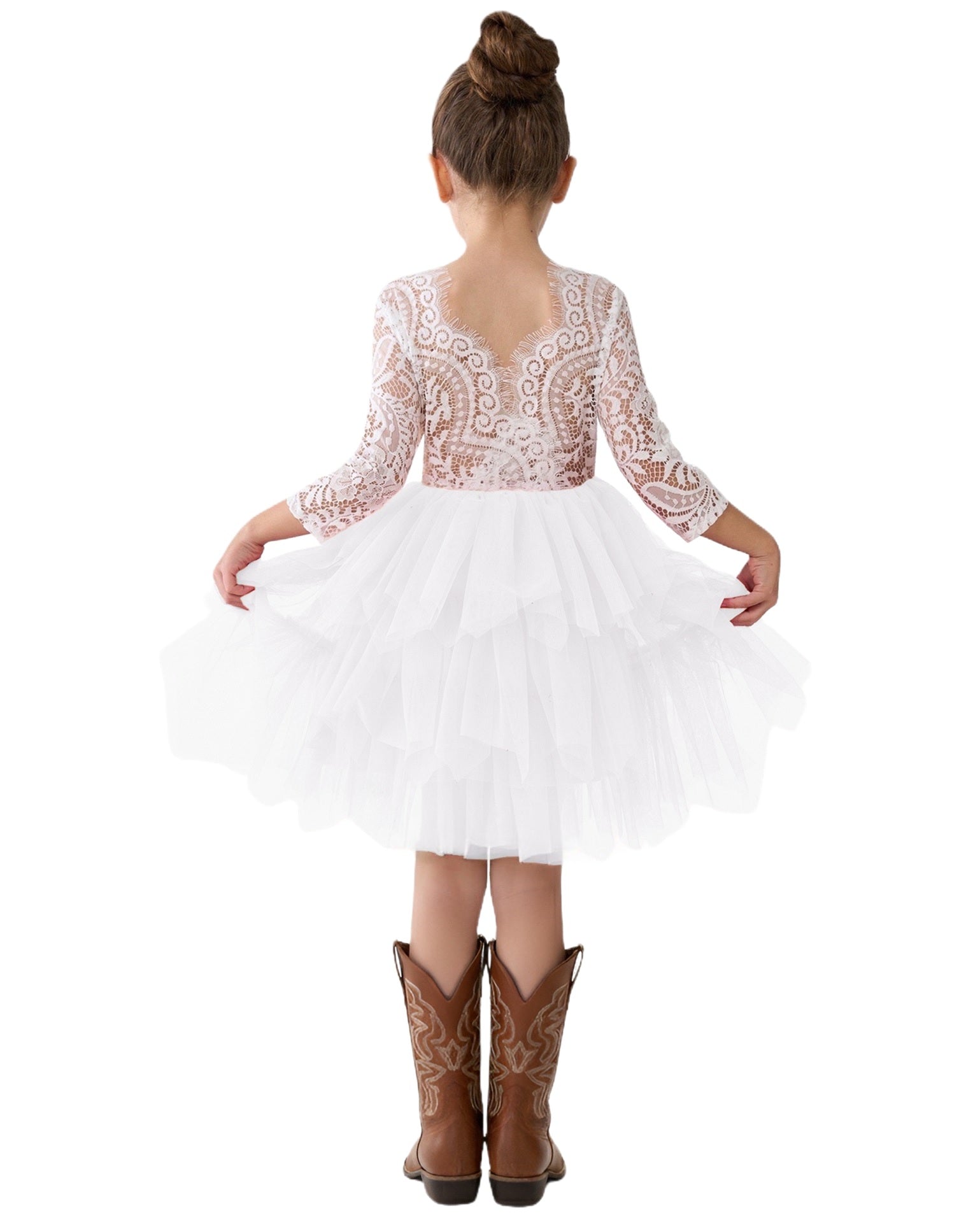 Girls' Peony Lace Tiered 3/4 Sleeve Knee Flower Girl Dress in White 6 / White