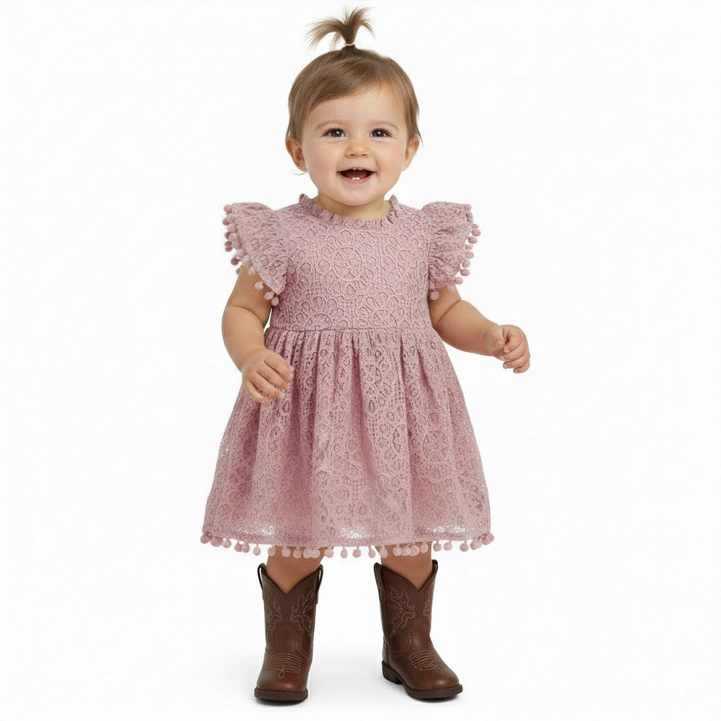 2Bunnies Baby Girls' 3M-2T Lace Pom Pom Trim Girl Dress 2BUNNIES 2Bunnies Baby Girls' 3M-2T Lace Pom Pom Trim Girl Dress 2BUNNIES
