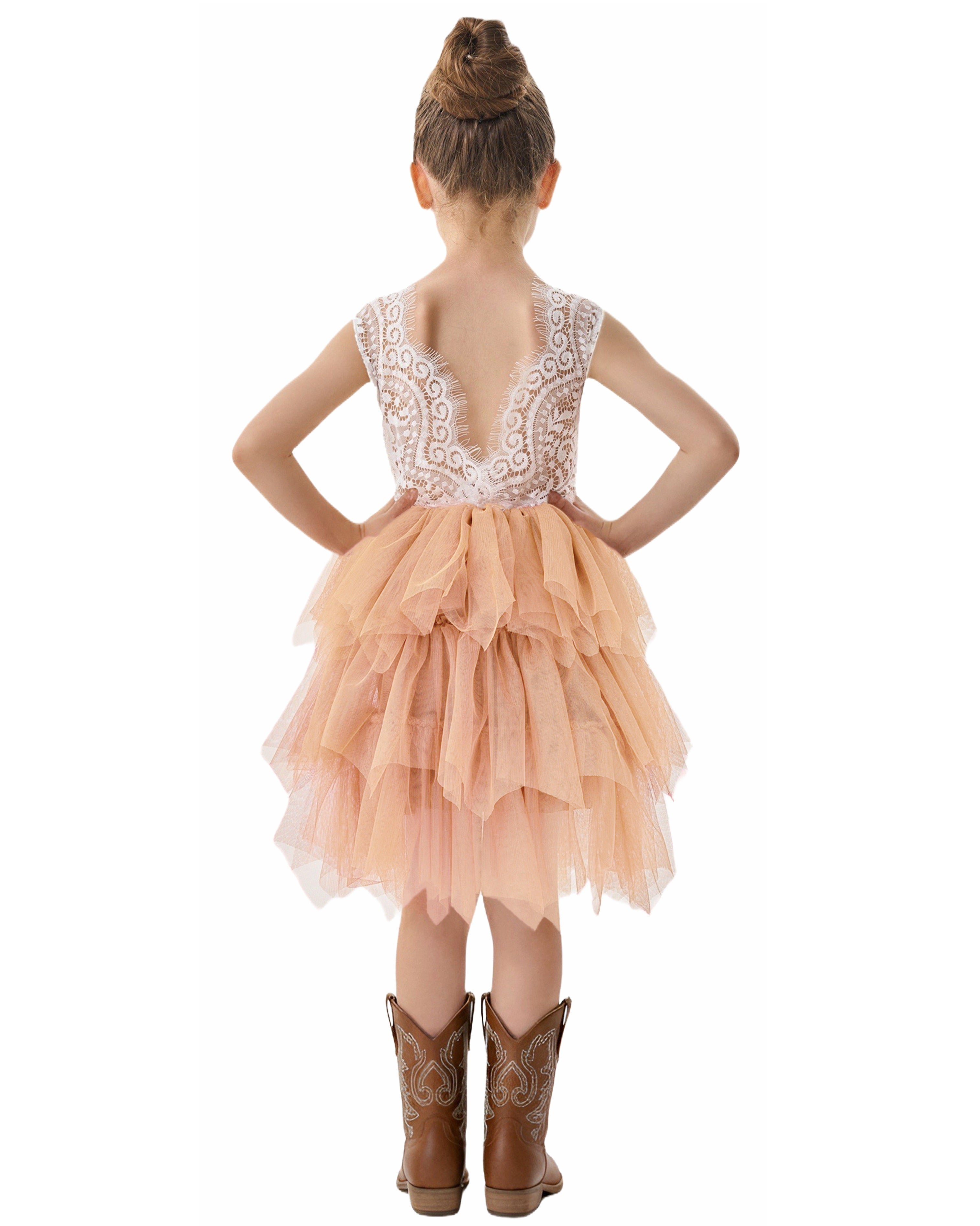 Girls' Peony Lace Tiered Sleeveless Knee Flower Girl Dress in Champagn   2BUNNIES