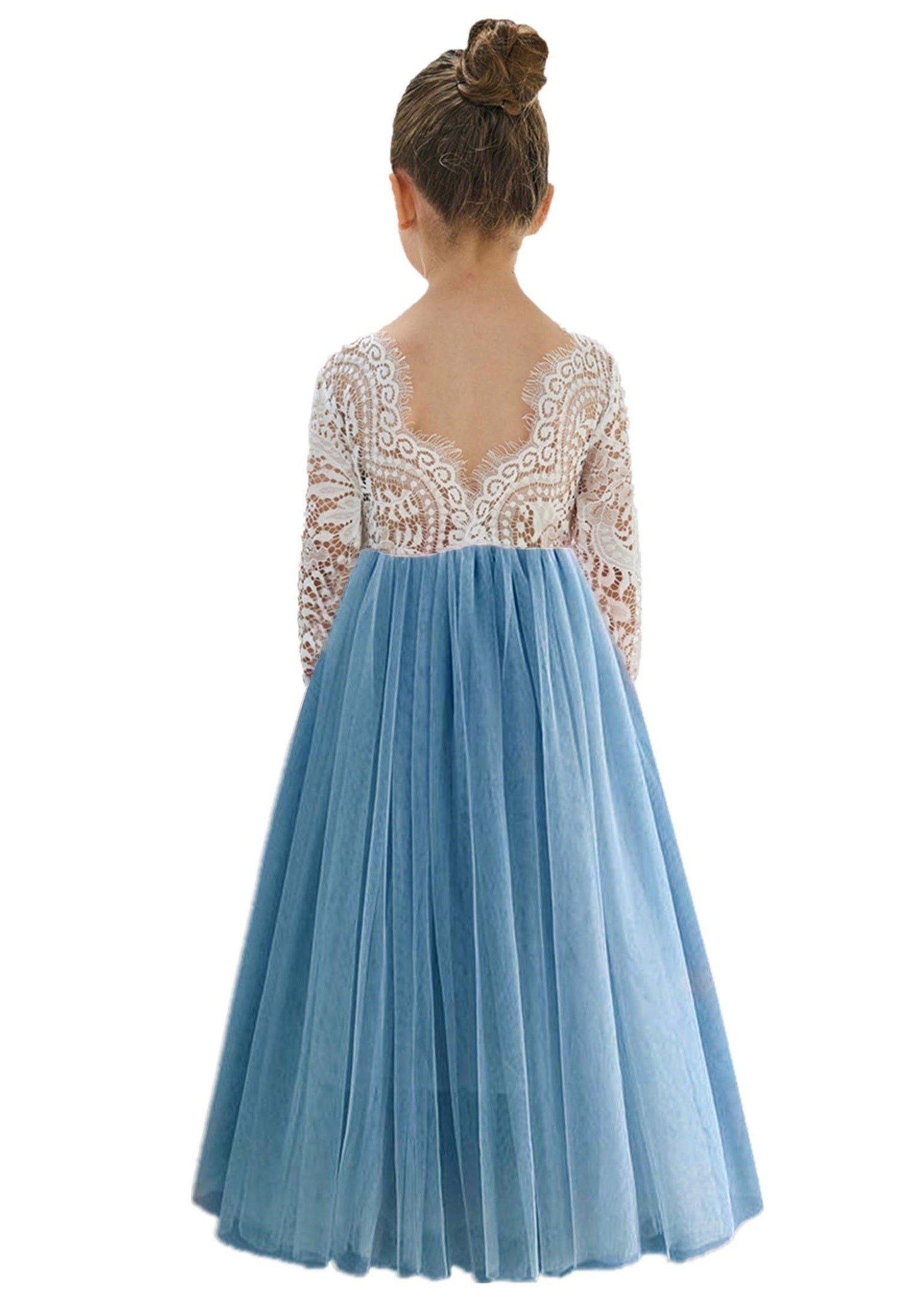 Peony Lace Flower Girl Dress in Dusty Blue Sleeve Maxi 6 Peony Lace Flower Girl Dress in Dusty Blue Sleeve Maxi 6