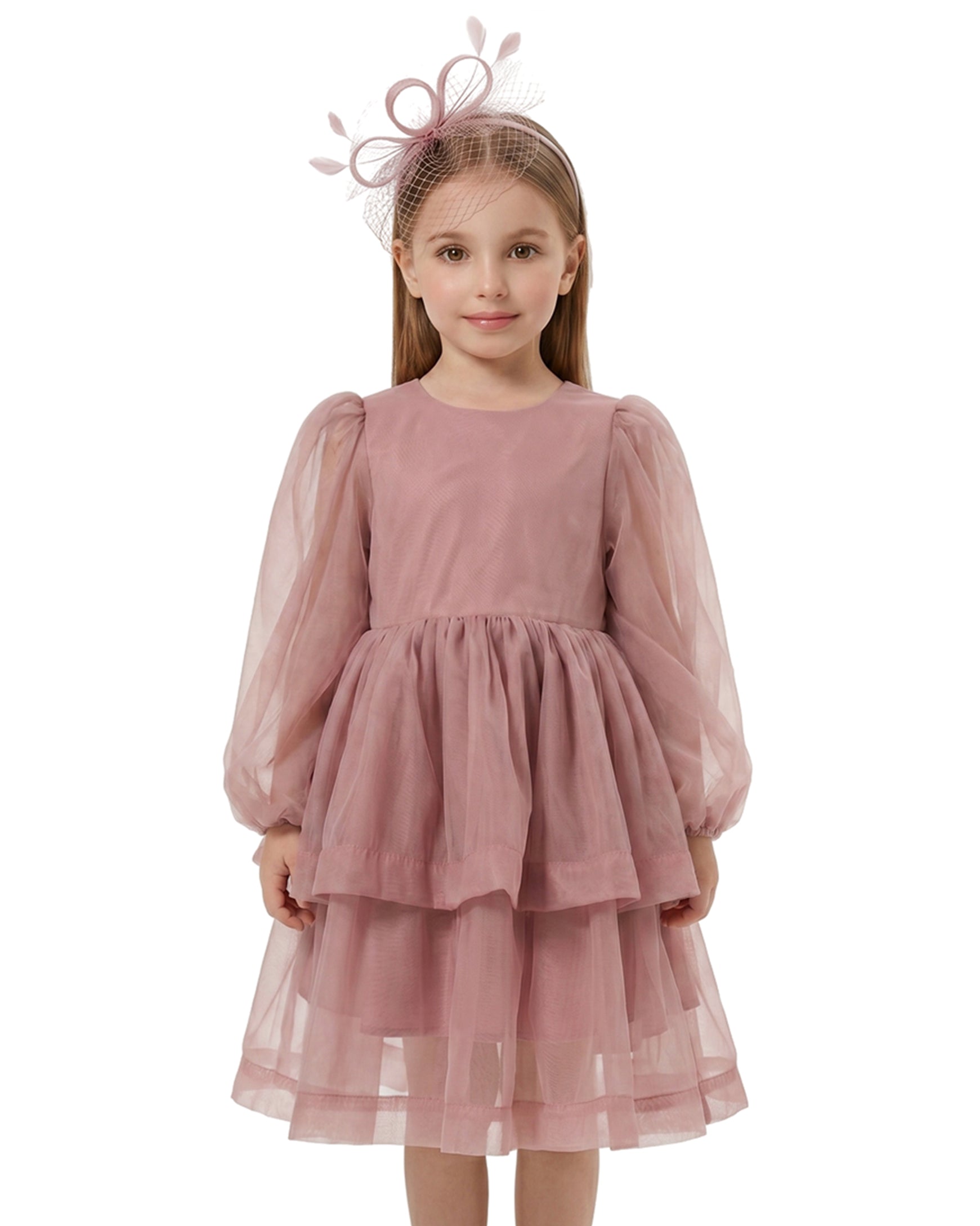 2Bunnies Organza Tulle Babydoll Long Sleeve Flower Girl Dress in White 4-5 years / Dusty Pink