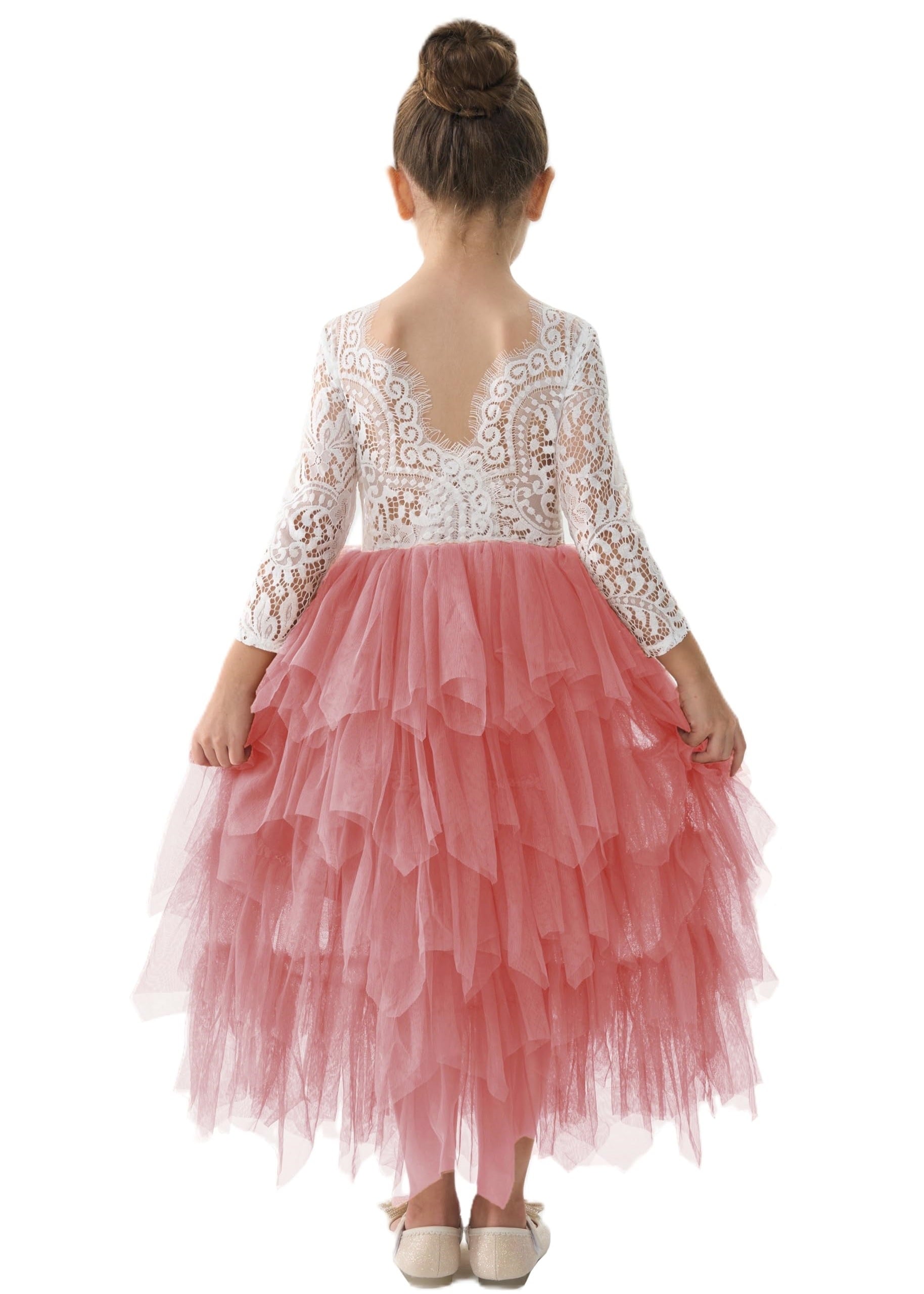 Girls' Peony Lace Tiered Sleeve Maxi Flower Girl Dress in Dusty Pink 2BUNNIES Girls' Peony Lace Tiered Sleeve Maxi Flower Girl Dress in Dusty Pink 2BUNNIES