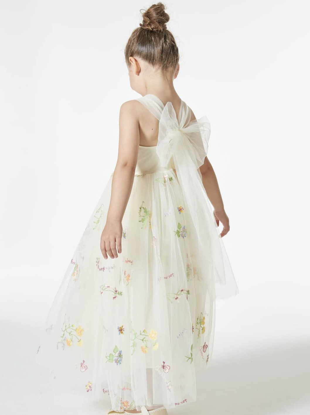 Floral Embroidered Tulle Girl Dress in Ivory