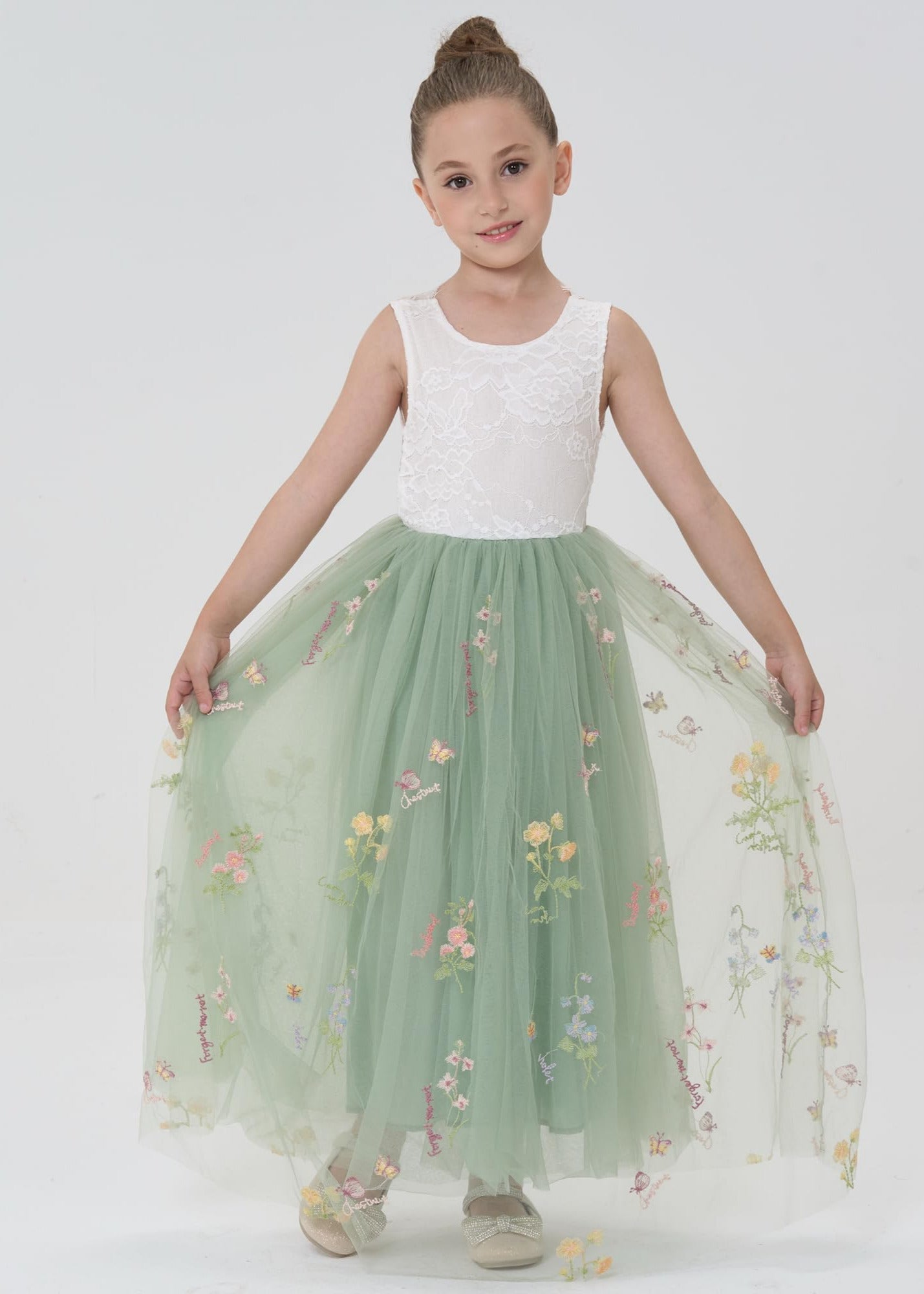 Floral Embroidered Tulle Lace Girl Dress Sleeveless in Sage 2BUNNIES Floral Embroidered Tulle Lace Girl Dress Sleeveless in Sage 2BUNNIES