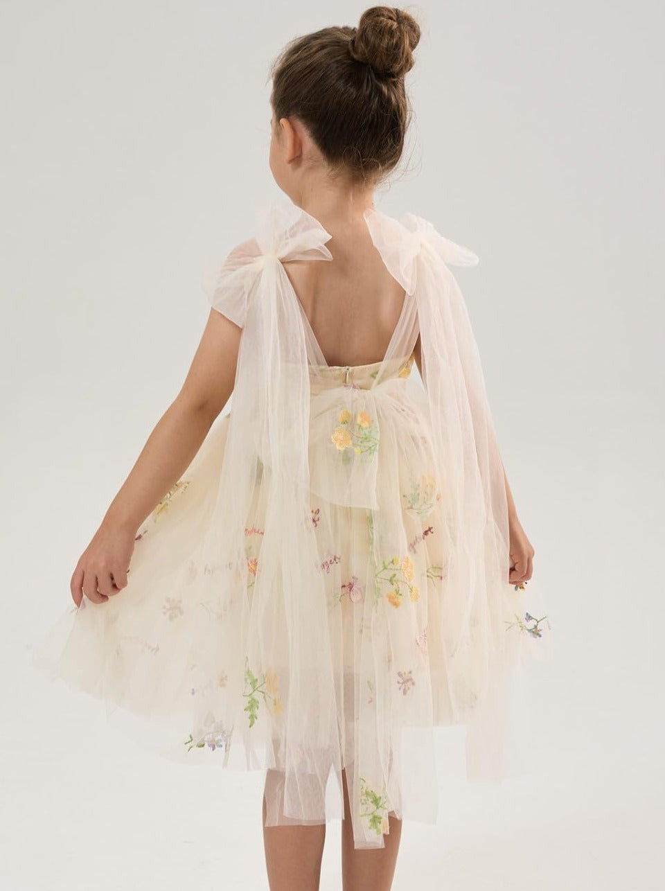 Floral Embroidered Tulle Girl Dress in Ivory Knee