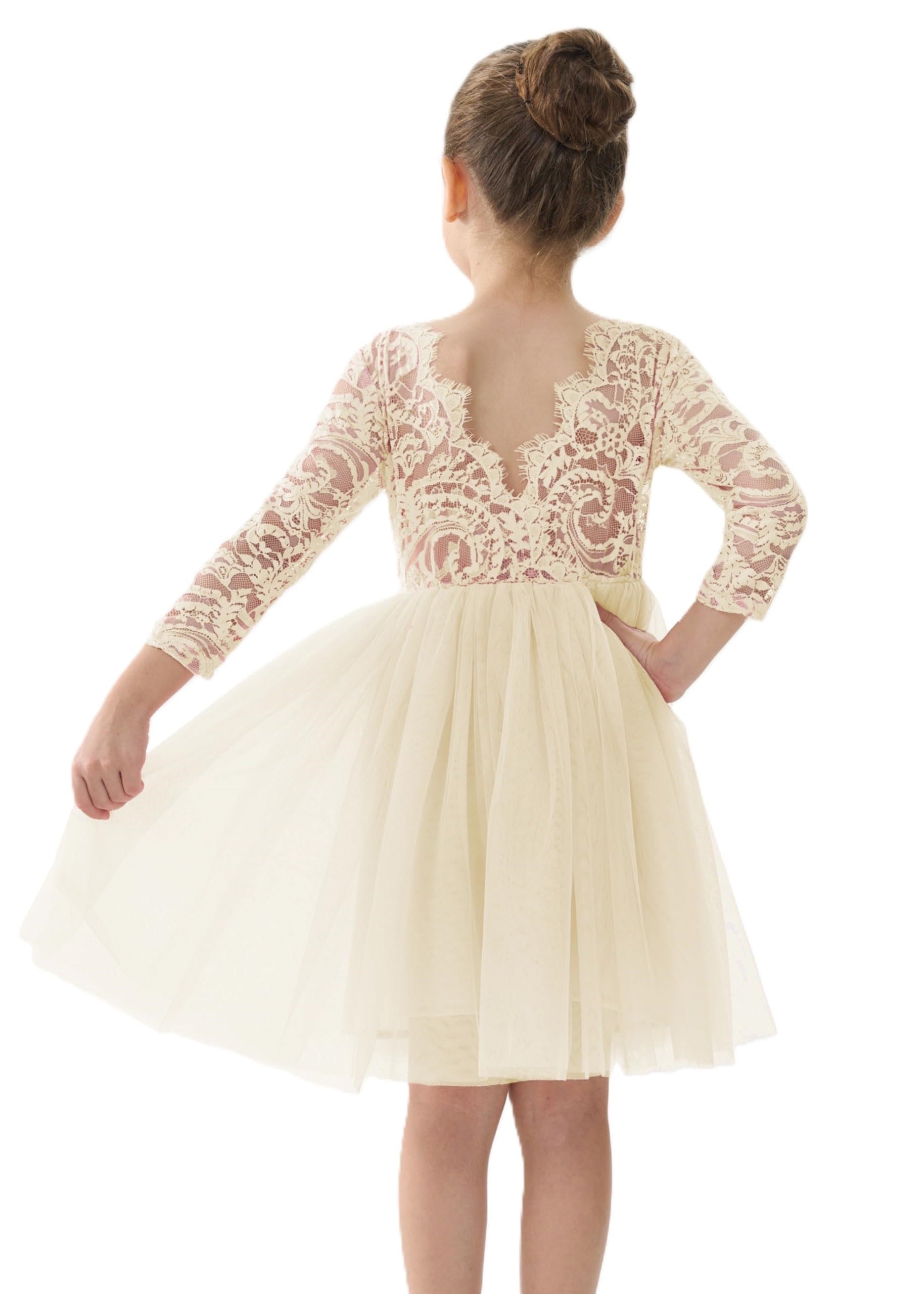 Girls' Paisley Lace Tulle Long Sleeve Knee Dress in Ivory 2BUNNIES Girls' Paisley Lace Tulle Long Sleeve Knee Dress in Ivory 2BUNNIES