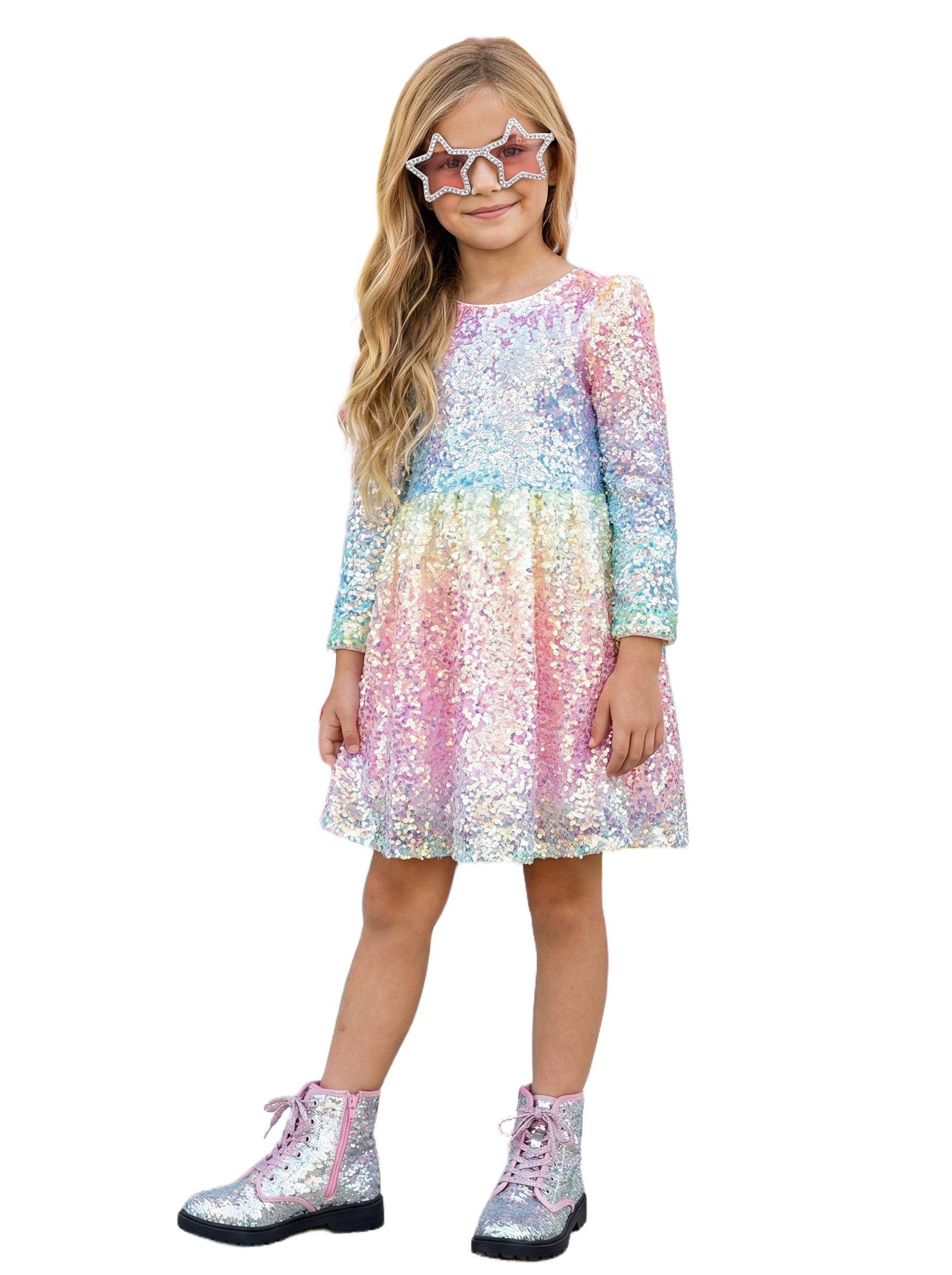 2Bunnies Girls' 3T-10yr Ombre Sequin Long Sleeve Dress Ombre 3T 2Bunnies Girls' 3T-10yr Ombre Sequin Long Sleeve Dress Ombre 3T