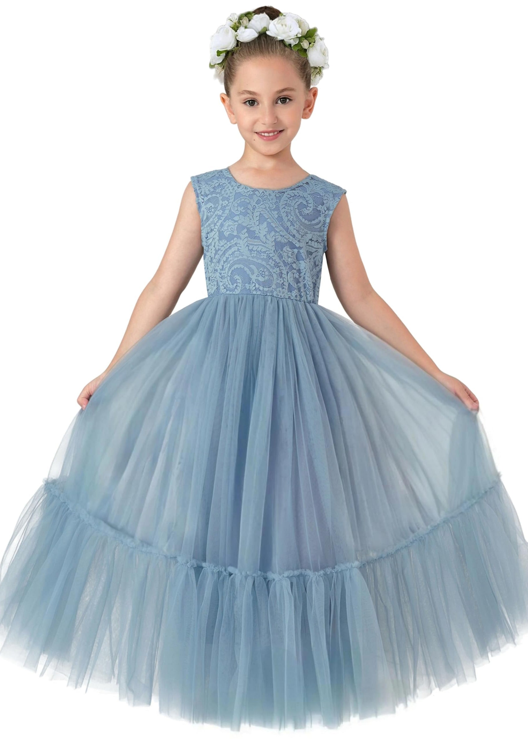 Girls' Paisley Lace Tulle Sleeveless Ruffled Maxi Dress in Dusty Blue 2BUNNIES Girls' Paisley Lace Tulle Sleeveless Ruffled Maxi Dress in Dusty Blue 2BUNNIES