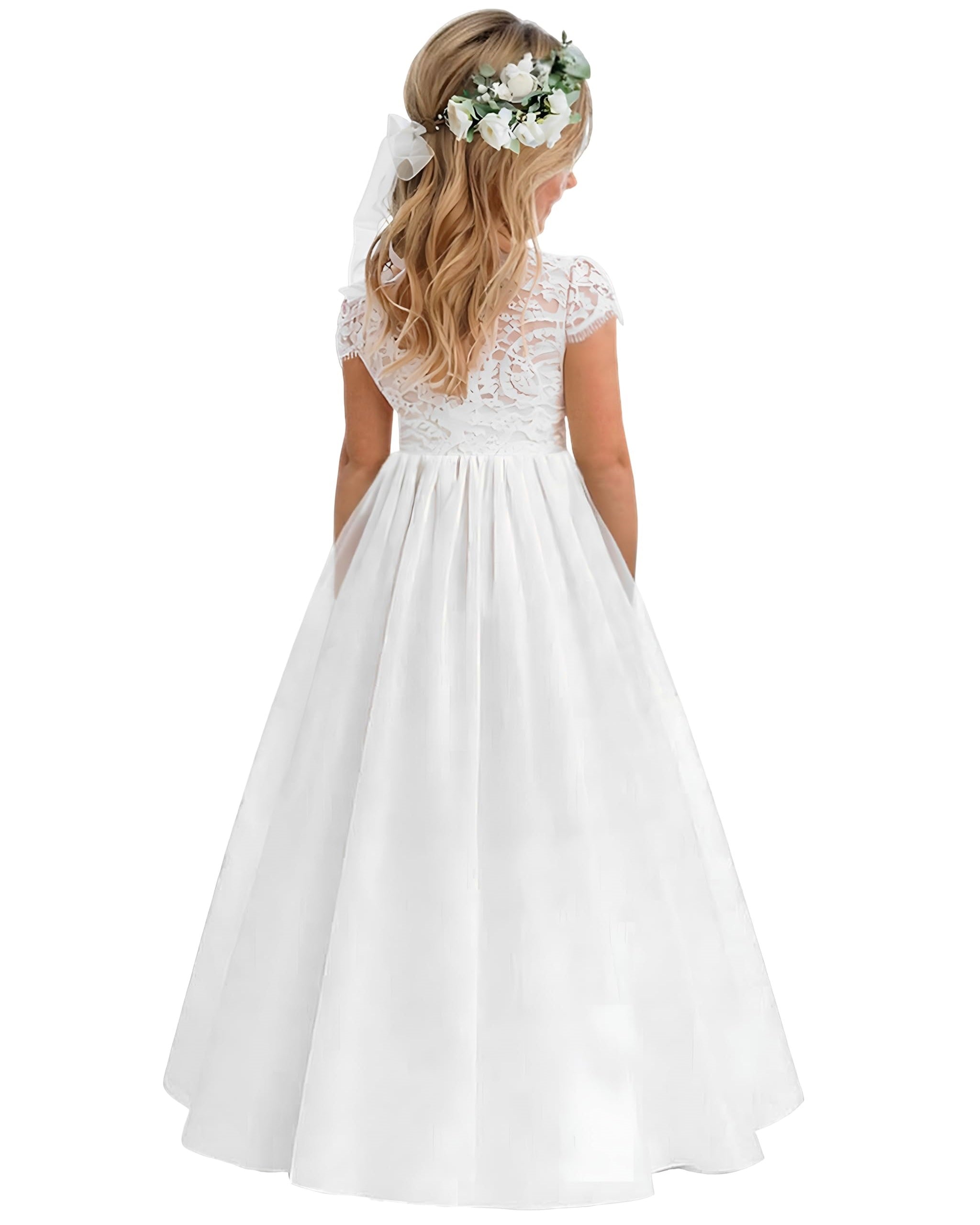 2Bunnies Girls' 12M-12yr Paisley Lace Tulle Short Sleeve Maxi Flower Girl Dress 7-8 Years / White 2Bunnies Girls' 12M-12yr Paisley Lace Tulle Short Sleeve Maxi Flower Girl Dress 7-8 Years / White