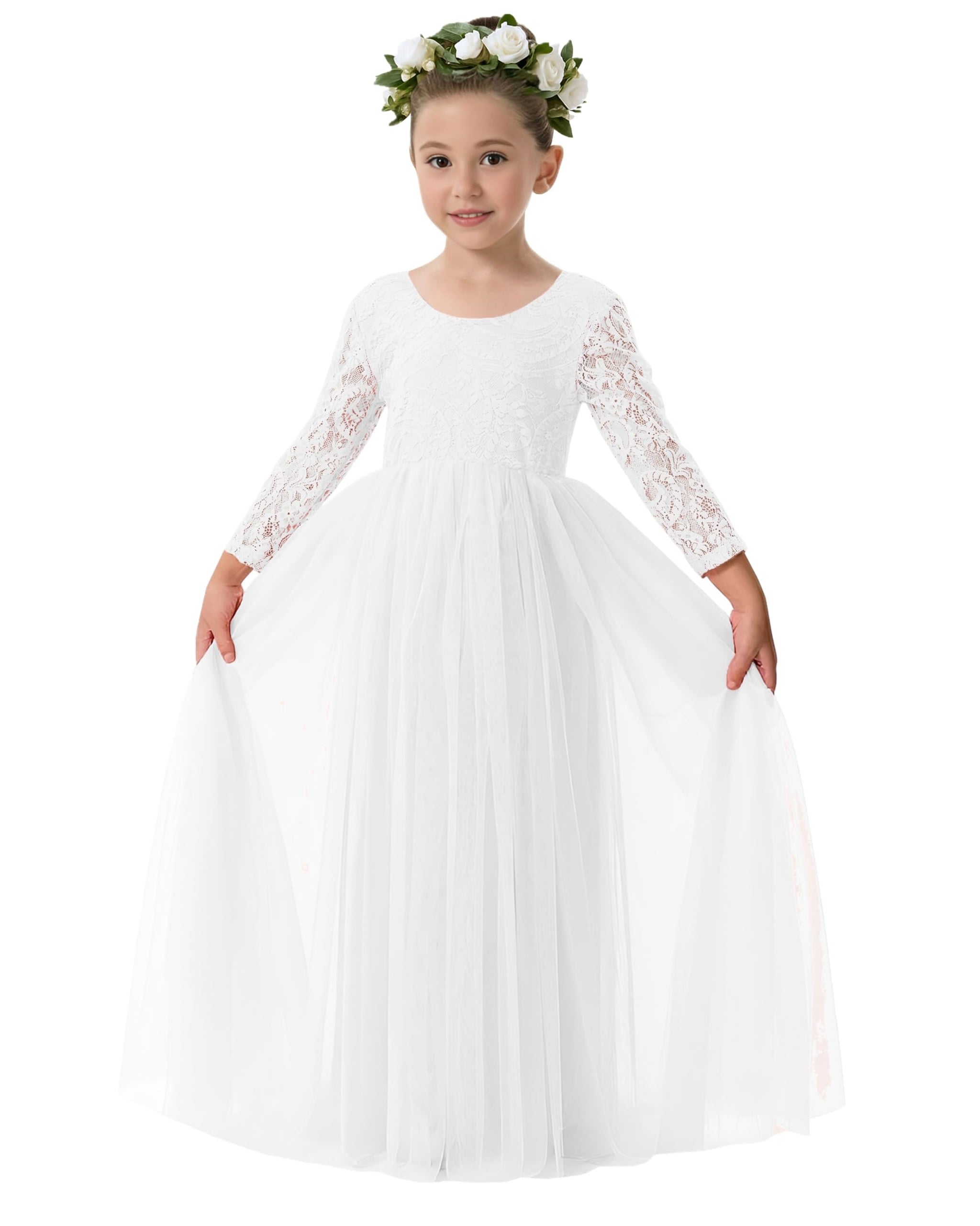 Girls' Paisley Lace Tulle Sleeve Maxi Dress in White 9-10 years / White Girls' Paisley Lace Tulle Sleeve Maxi Dress in White 9-10 years / White