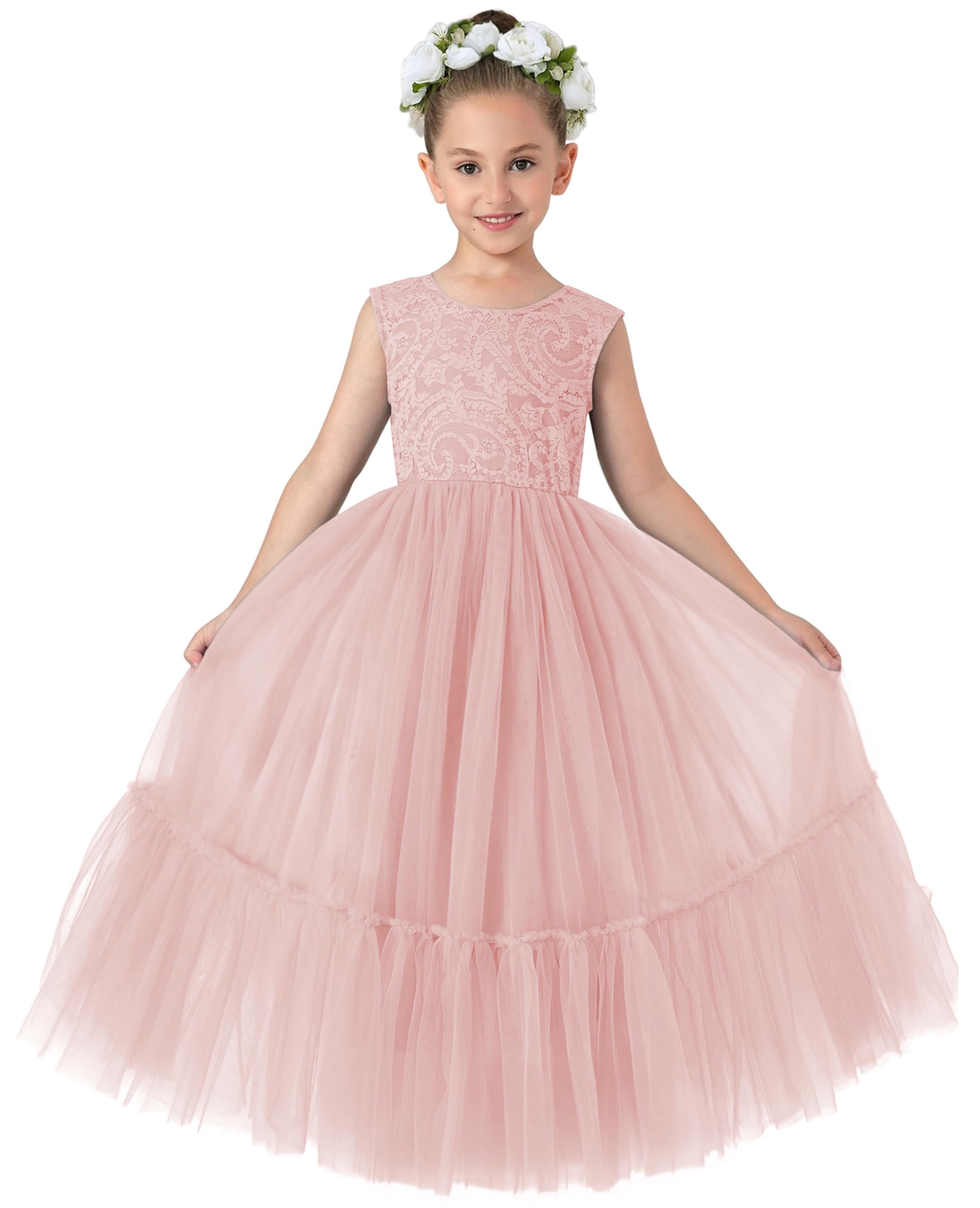 Girls' Paisley Lace Tulle Sleeveless Ruffled Maxi Dress in Dusty Pink 10-12 Years / Dusty Pink Girls' Paisley Lace Tulle Sleeveless Ruffled Maxi Dress in Dusty Pink 10-12 Years / Dusty Pink