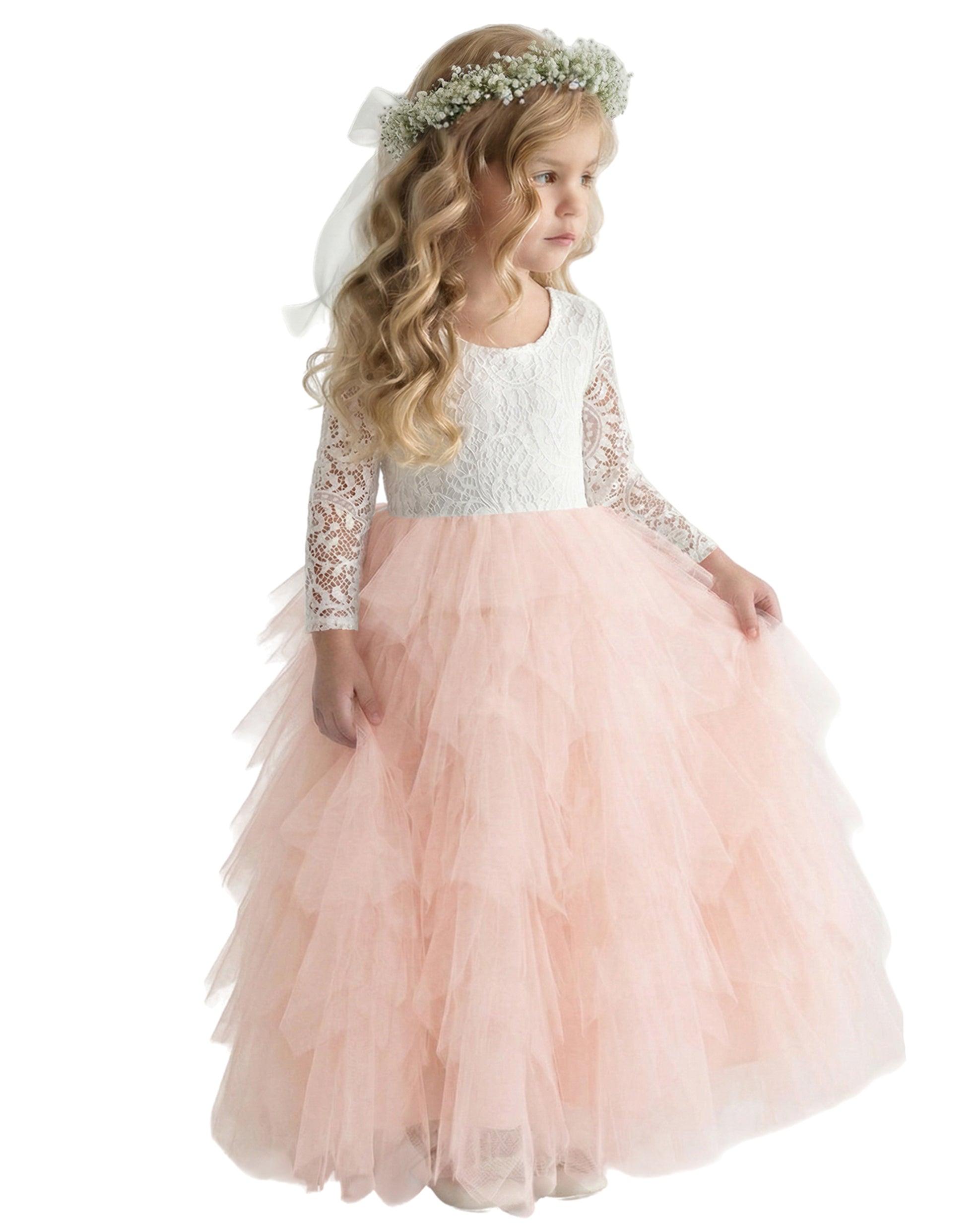 2Bunnies Girls' 12M-10yr Peony Lace Tiered Sleeve Maxi Flower Girl Dress Pink 7-8 Years
