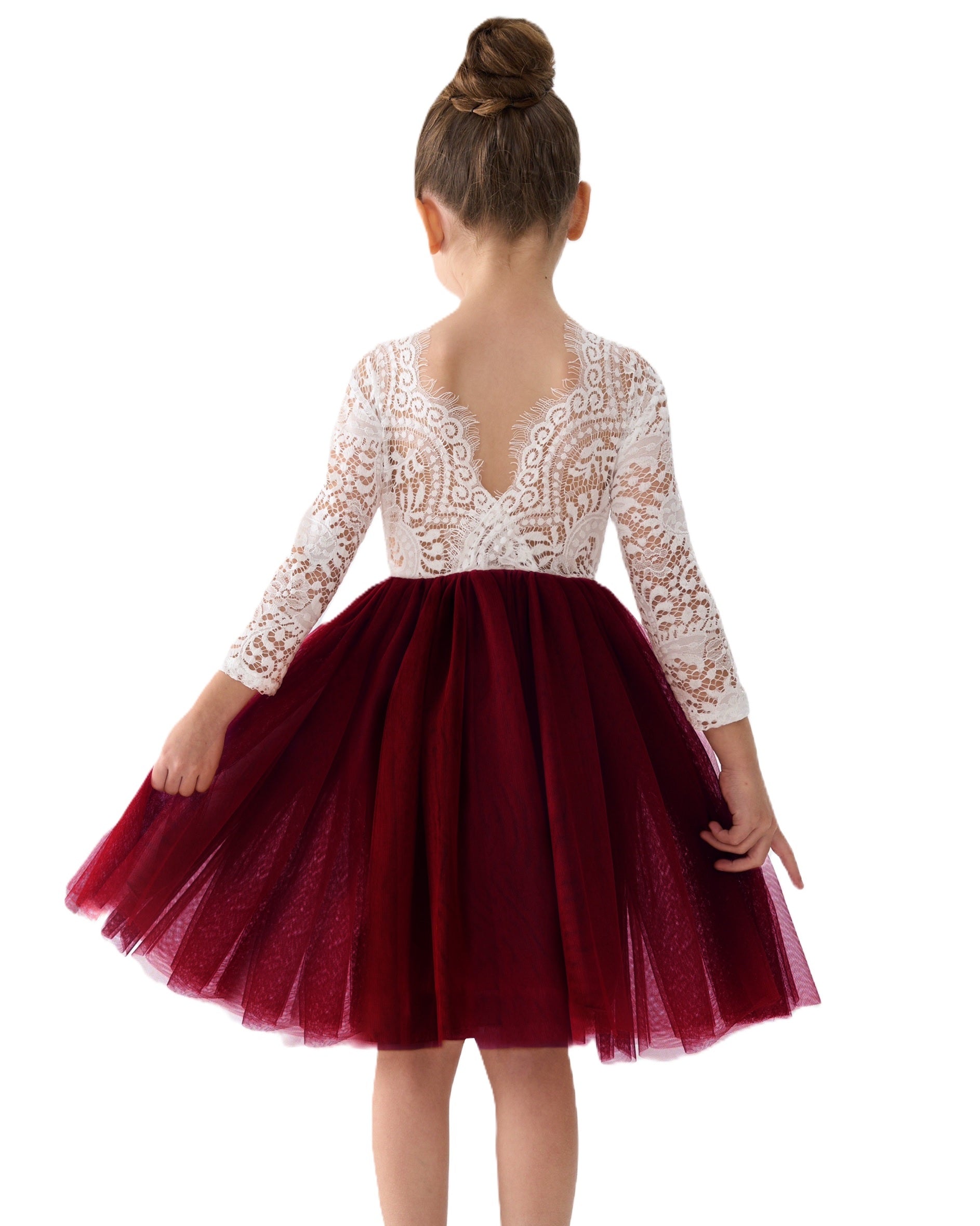 Peony Lace Flower Girl Dress in Burgundy Sleeve Knee 2BUNNIES Peony Lace Flower Girl Dress in Burgundy Sleeve Knee 2BUNNIES