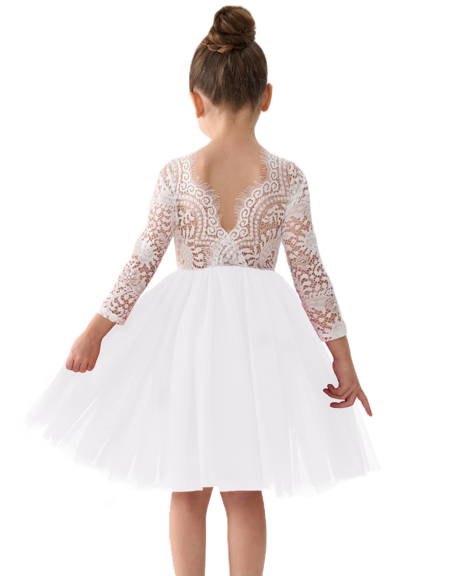 Peony Lace Flower Girl Dress in White Sleeve Knee 2BUNNIES Peony Lace Flower Girl Dress in White Sleeve Knee 2BUNNIES