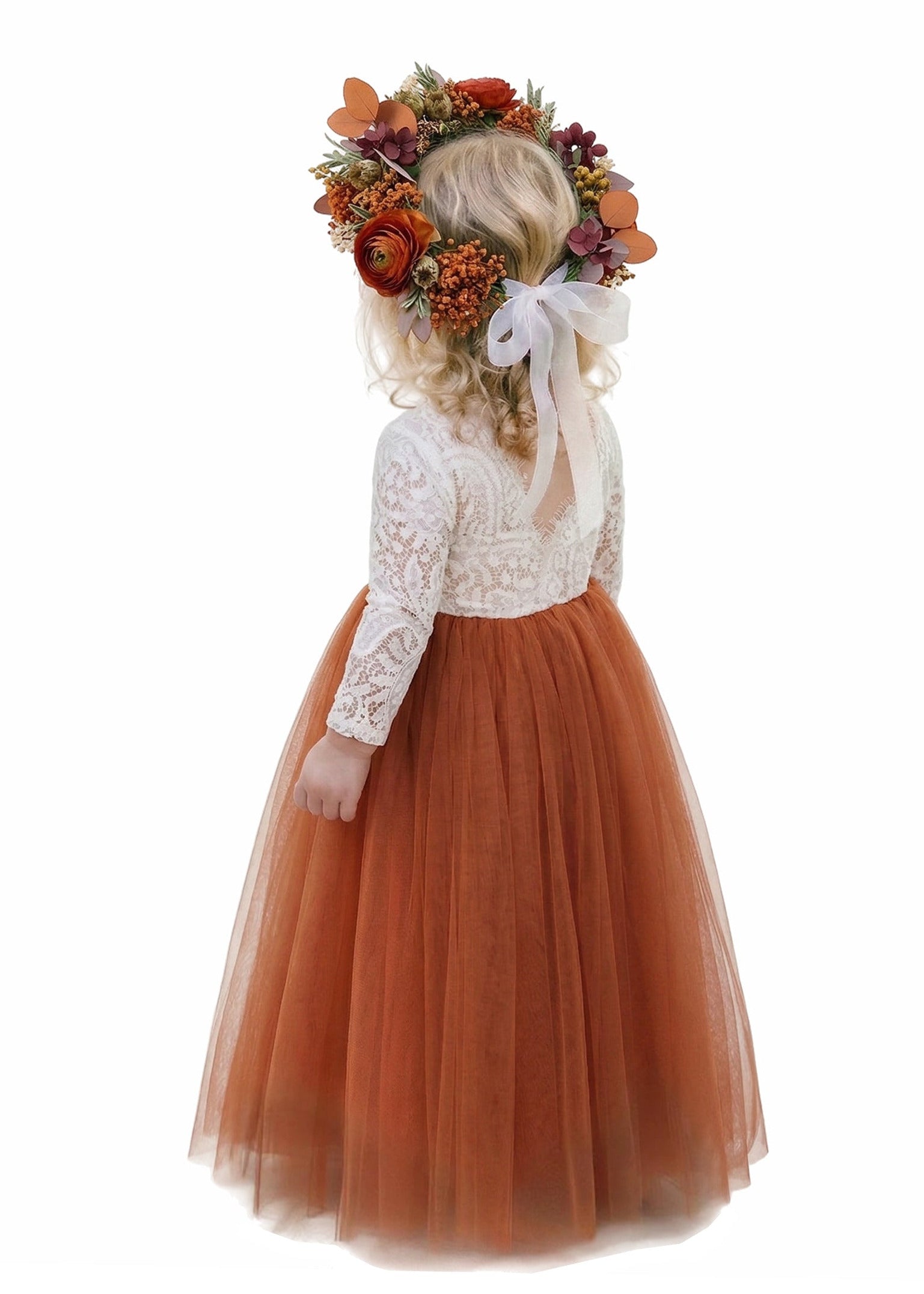 Peony Lace Flower Girl Dress in Burgundy Sleeve Maxi 3T / Orange Peony Lace Flower Girl Dress in Burgundy Sleeve Maxi 3T / Orange