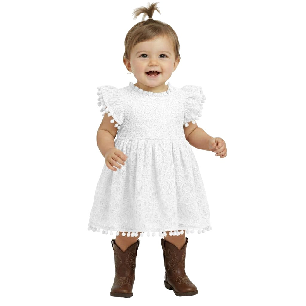 2Bunnies Baby Girls' 12M Lace Pom Pom Trim Girl Dress White 12 Months 2Bunnies Baby Girls' 12M Lace Pom Pom Trim Girl Dress White 12 Months