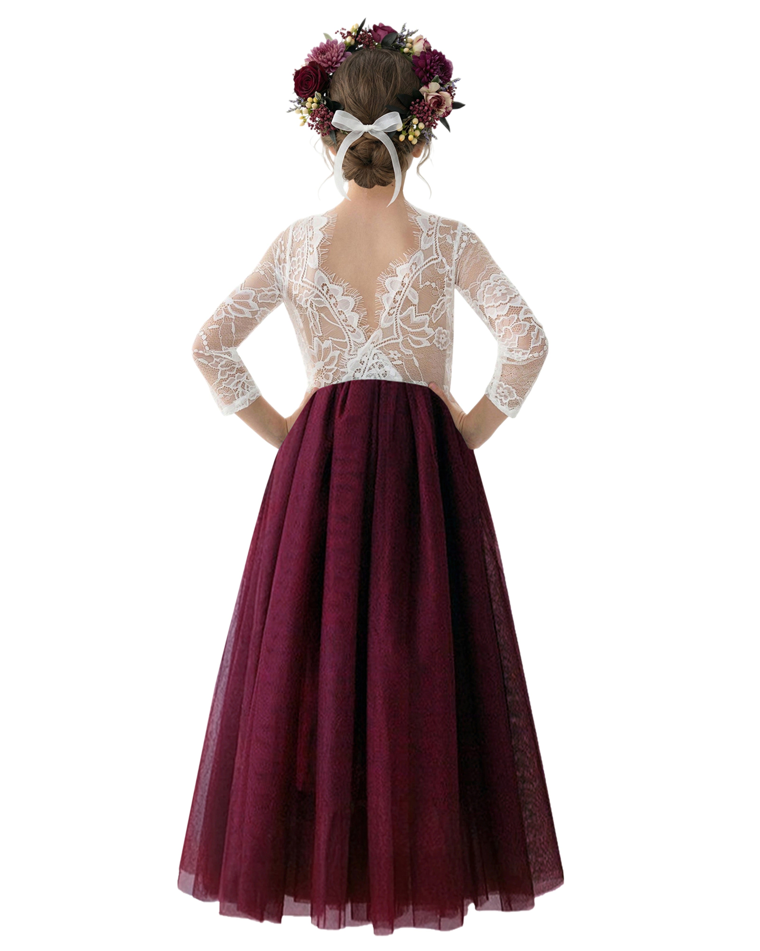 2Bunnies Girls' 12M-12yr Rose Lace Tulle Long Sleeve Maxi Flower Girl Dress 12 months / Burgundy 2Bunnies Girls' 12M-12yr Rose Lace Tulle Long Sleeve Maxi Flower Girl Dress 12 months / Burgundy