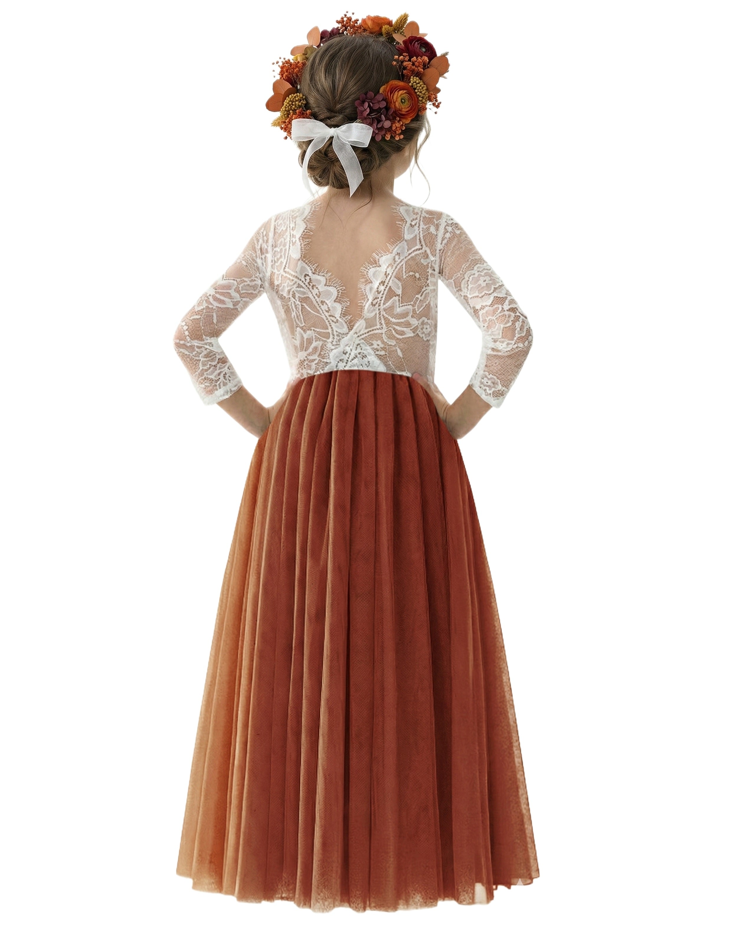 2Bunnies Girls' 12M-12yr Rose Lace Tulle Long Sleeve Maxi Flower Girl Dress Orange 10-12 Years 2Bunnies Girls' 12M-12yr Rose Lace Tulle Long Sleeve Maxi Flower Girl Dress Orange 10-12 Years
