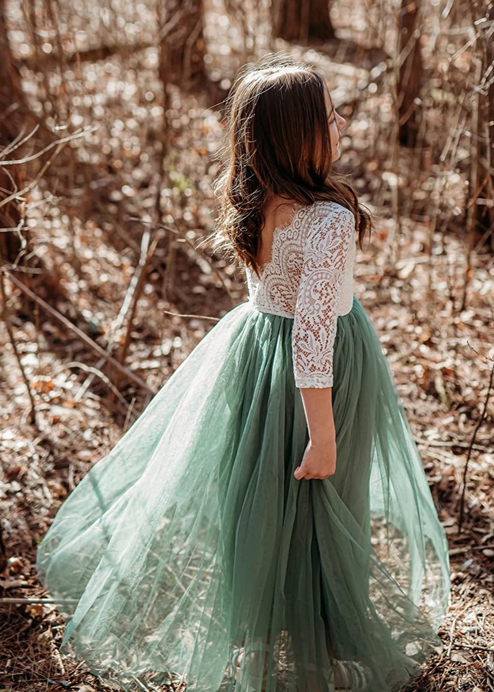 Peony Lace Flower Girl Dress in Sage - Main Image