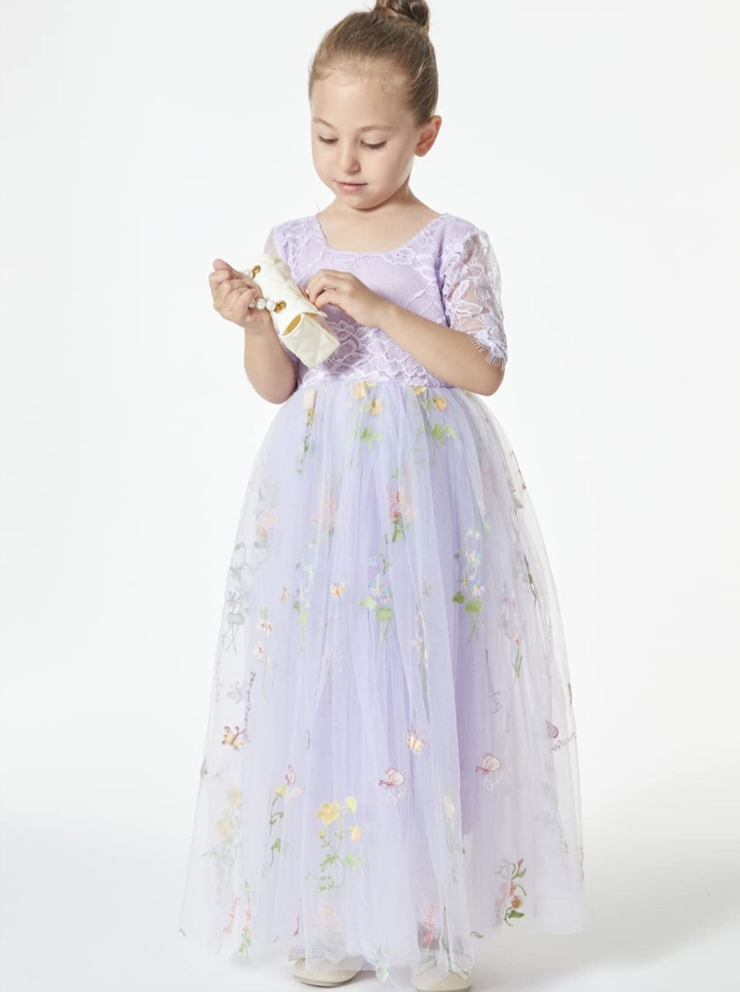 Floral Embroidered Tulle Lace Girl Dress in Purple