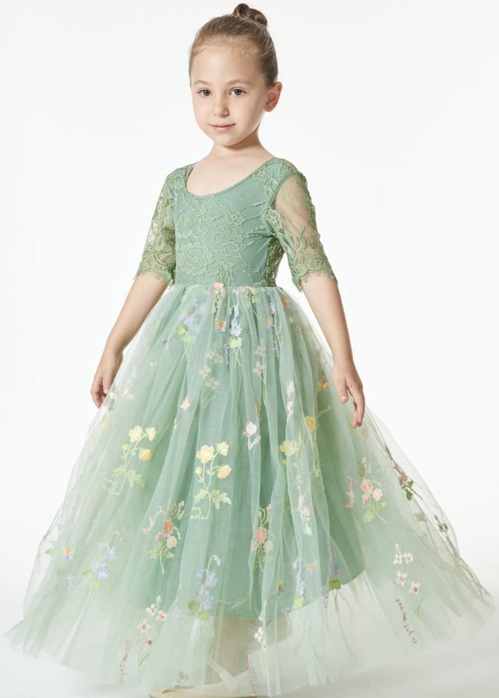 Floral Embroidered Tulle Lace Girl Dress in Sage