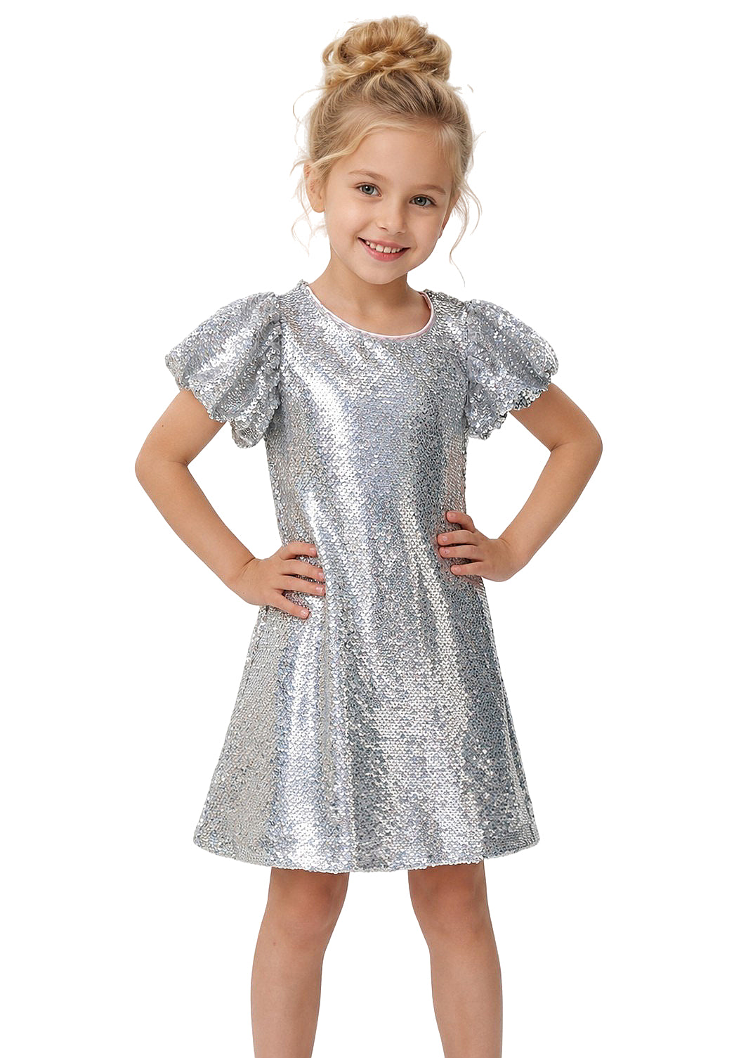 silver puff dress Puff-Sleeve Long Glitter-Print Prom Dress