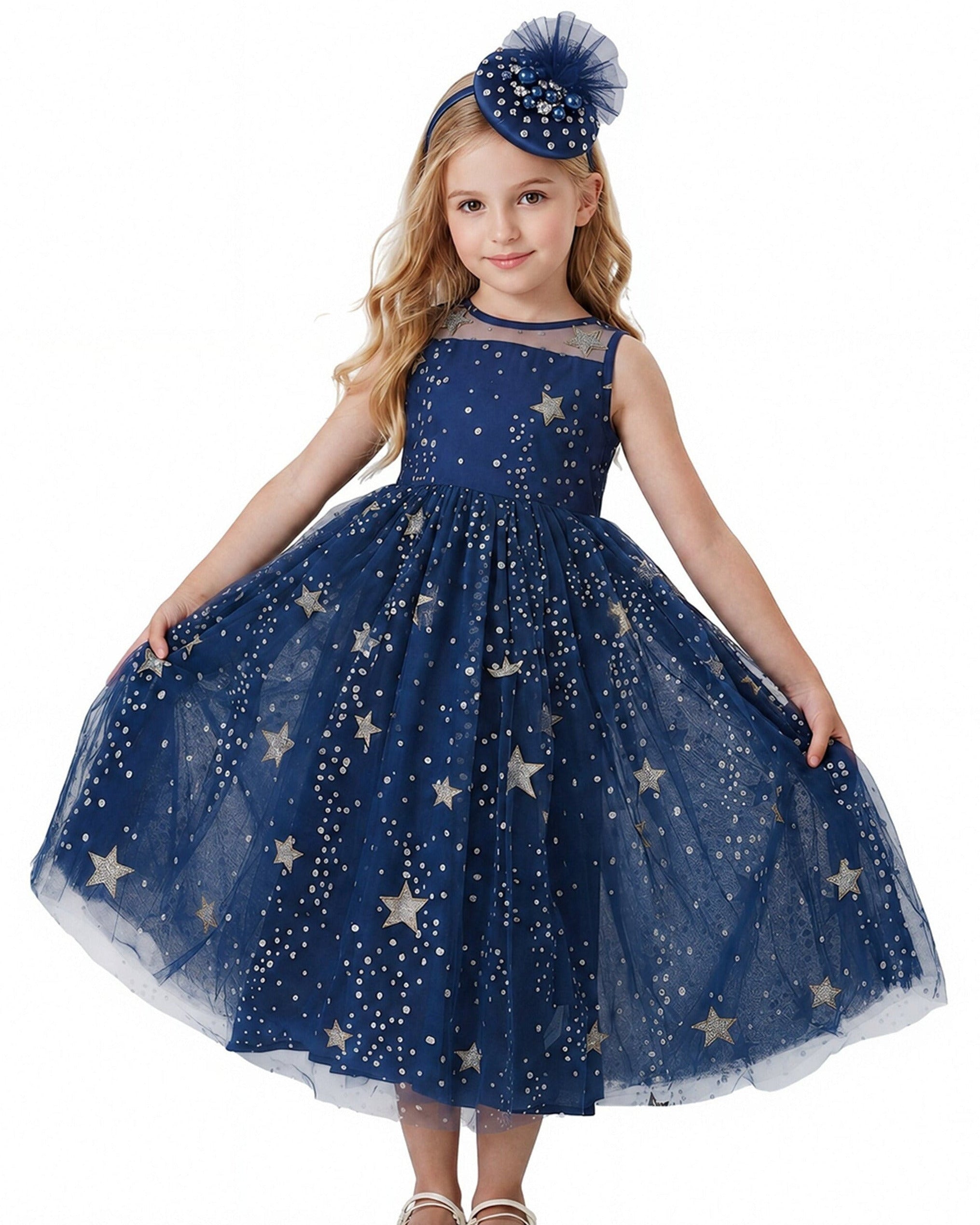 2Bunnies Girls’ Sparkle Sequin Star Tulle Maxi Dress in Midnight Navy 6 / Navy