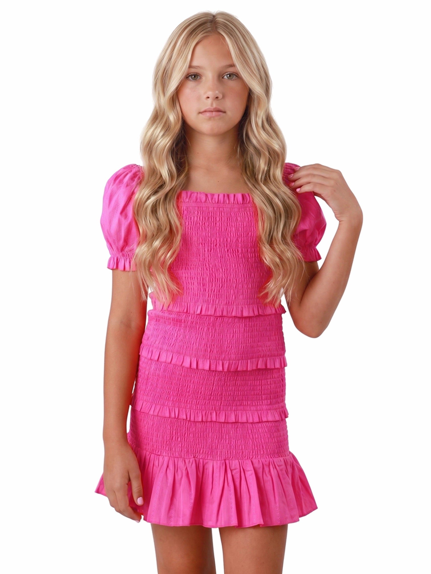 2Bunnies Girls' 6-14Y Tween Teen Smocked Ruffle Party Dance Mini Dress On and Off Shoulder Puff Sleeve Hot Pink 10 years 2Bunnies Girls' 6-14Y Tween Teen Smocked Ruffle Party Dance Mini Dress On and Off Shoulder Puff Sleeve Hot Pink 10 years