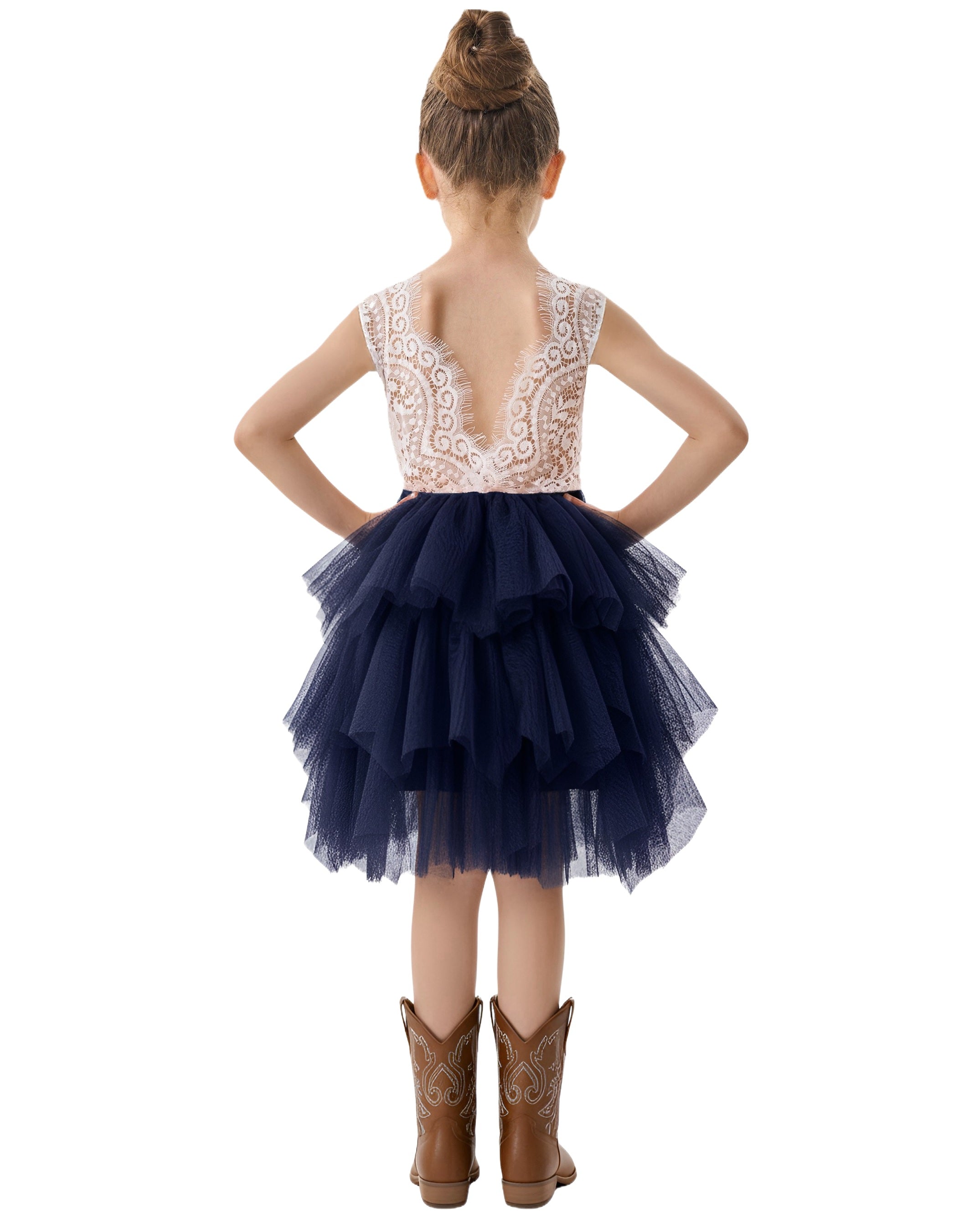 Girls' Peony Lace Tiered Sleeveless Knee Flower Girl Dress in Navy Blue 9-10 years / Navy