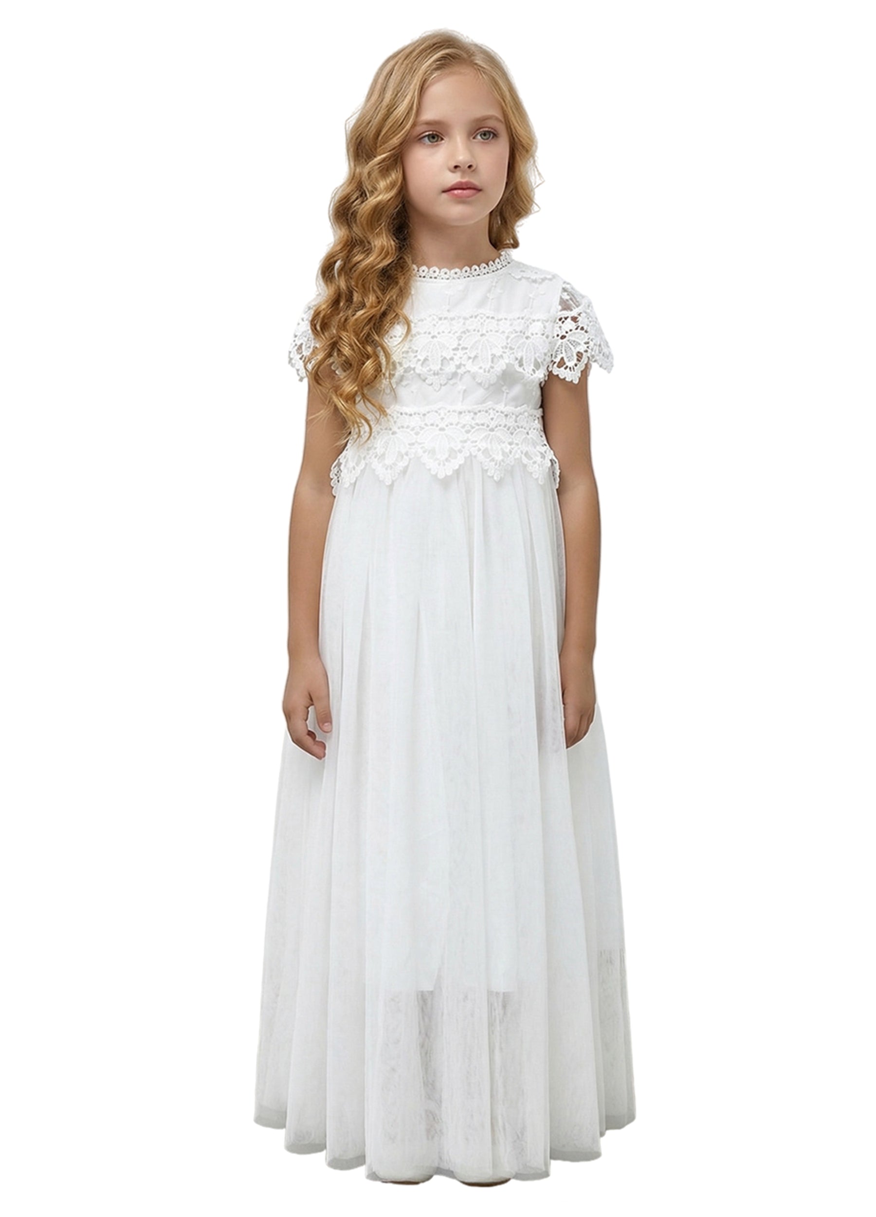chinese dress ladies Teter Warm Sleeveless Lace Top Long Cascade V-Back Communion Dress (Size 4, 6, 8, 10) Size 4