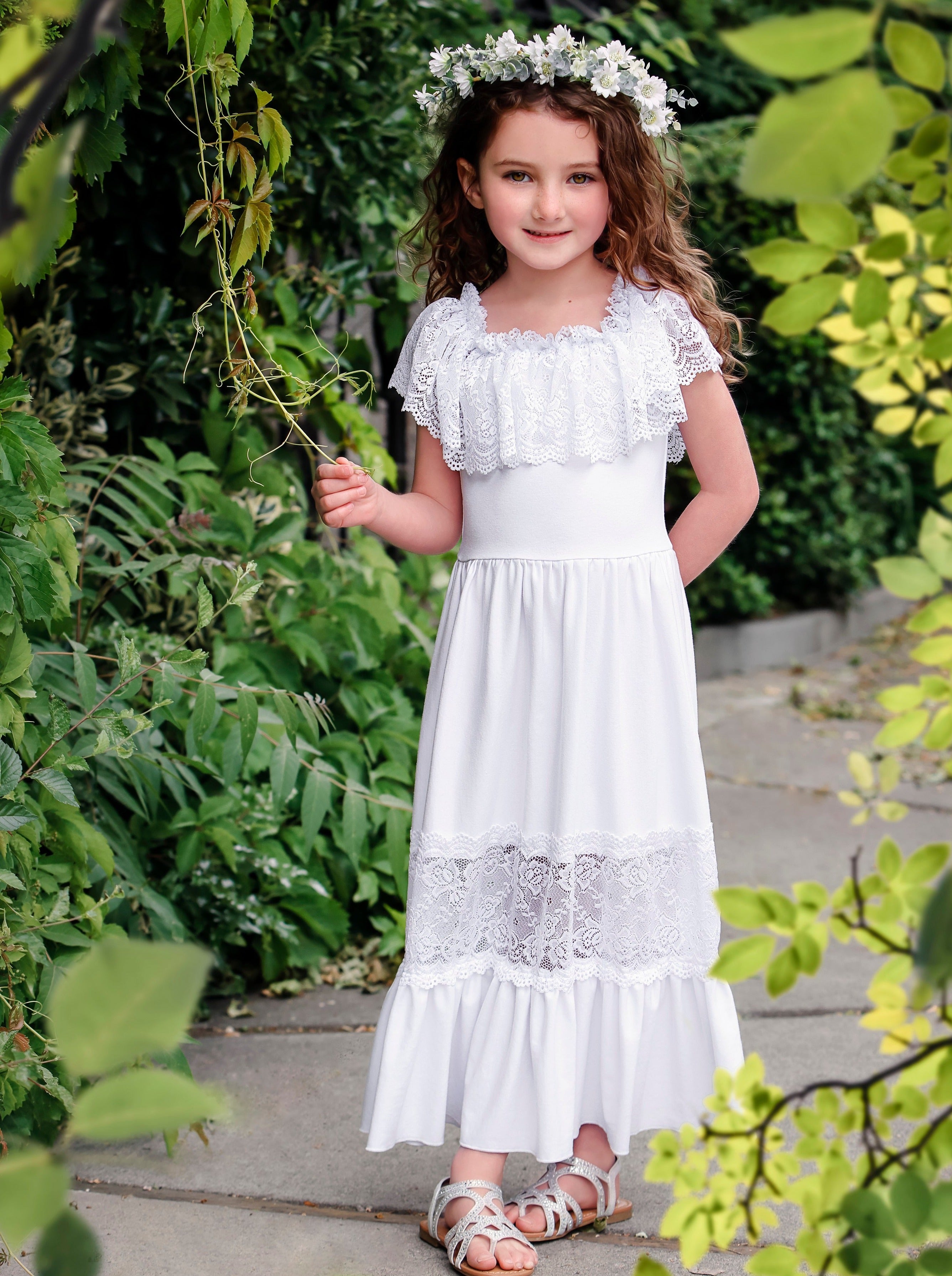 Ruffle Lace Off Shoulder Girl Dress in White 2BUNNIES