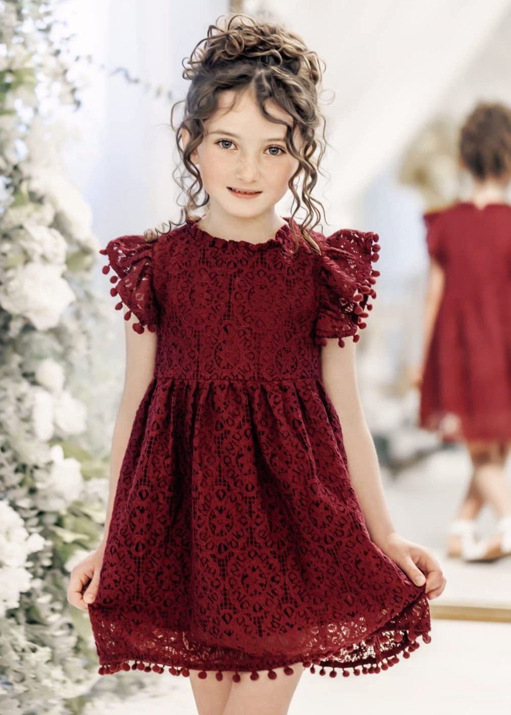 2Bunnies Girl Lace Dress Sunflower Pom Pom Trim (Burgundy) - 2BUNNIES