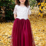 2Bunnies Flower Girl 1 Piece Dress Set Scallop Lace Short Sleeve Maxi Straight (Burgundy) - 2BUNNIES