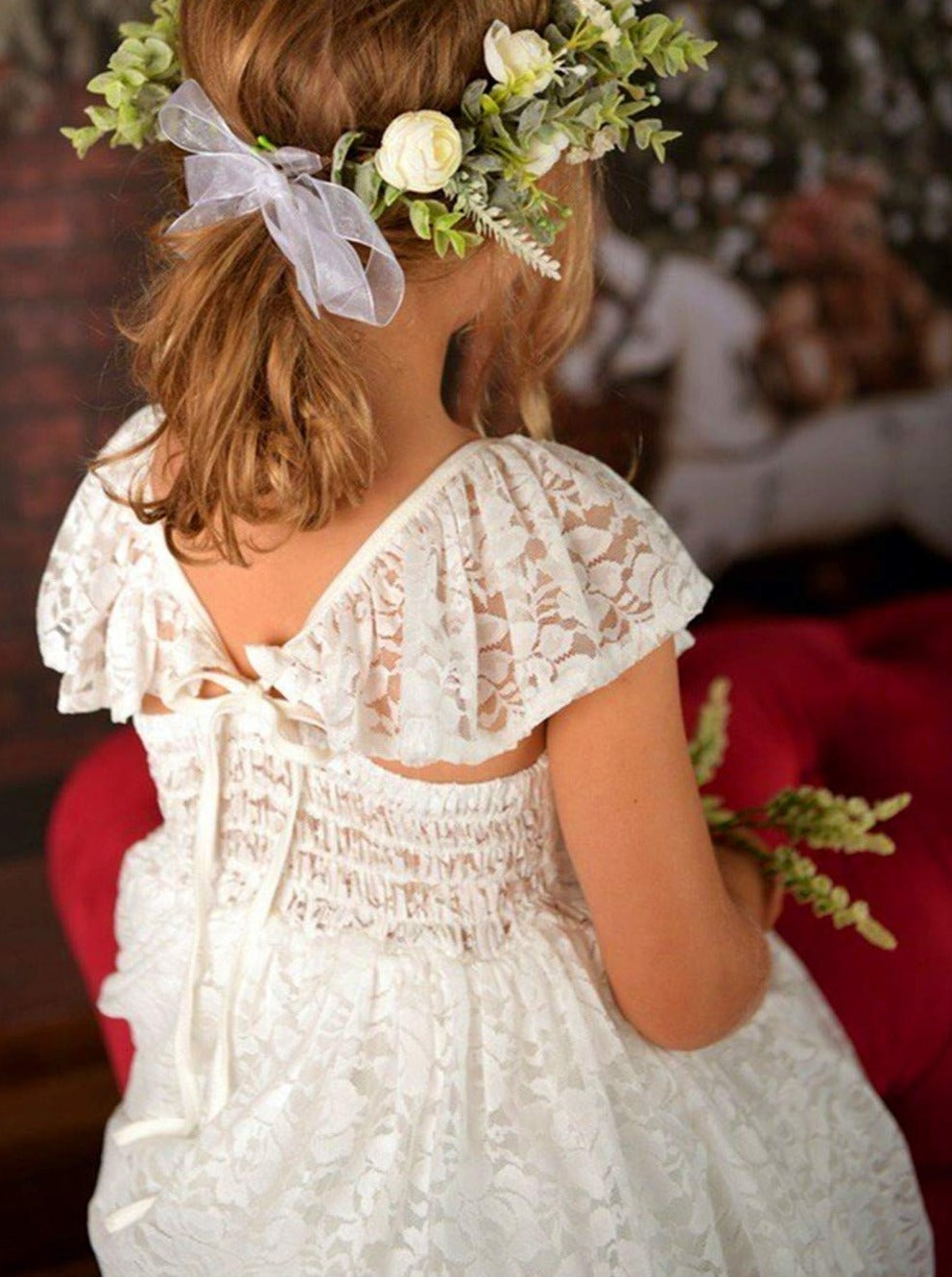 2Bunnies Flower Girl Dress Paisley All Lace Butterfly Sleeve Maxi (White) - 2BUNNIES