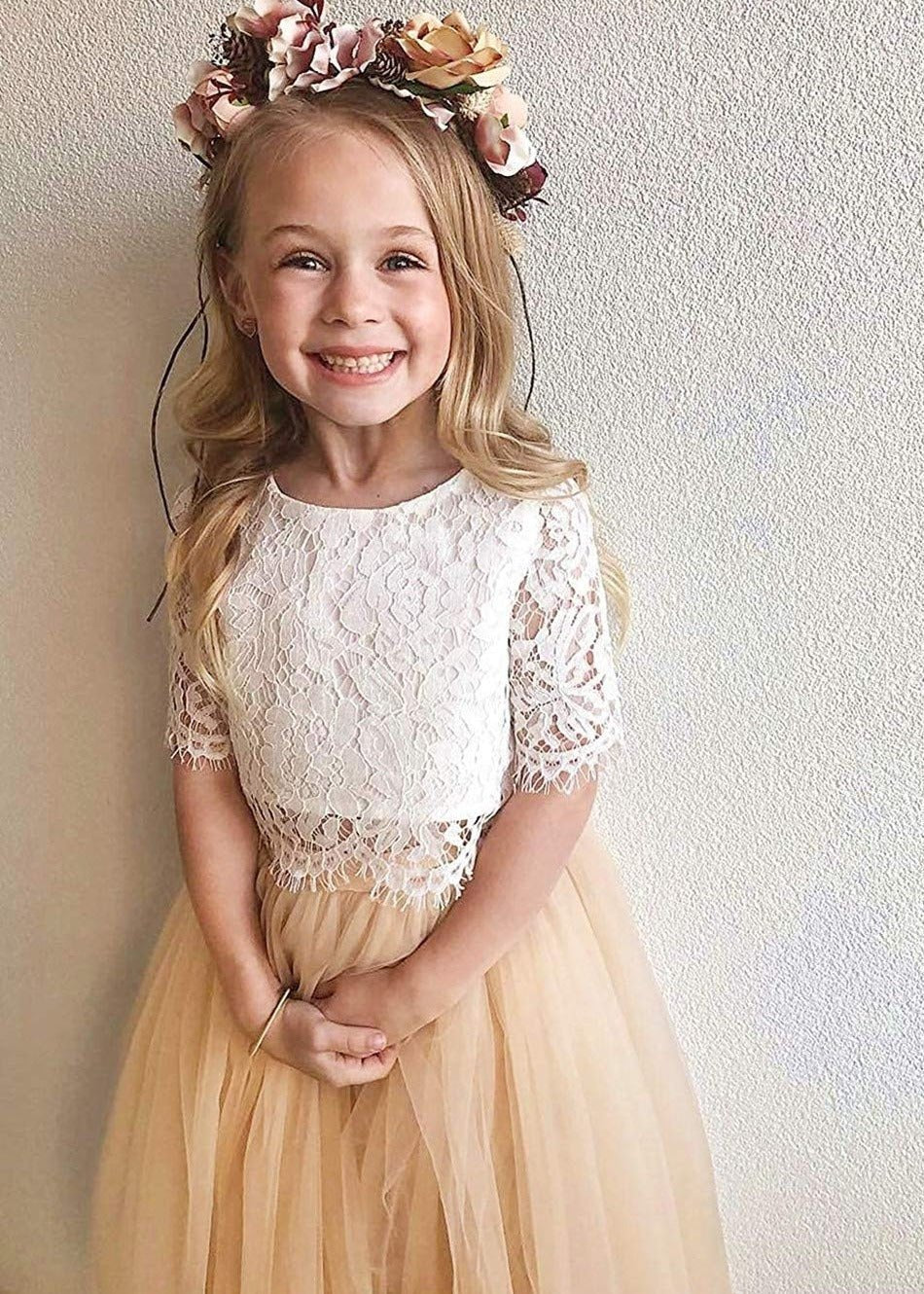 2Bunnies Flower Girl Dress 2 Piece Set Scallop Lace Long Sleeve Straight Tutu Maxi (Champagne) - 2BUNNIES