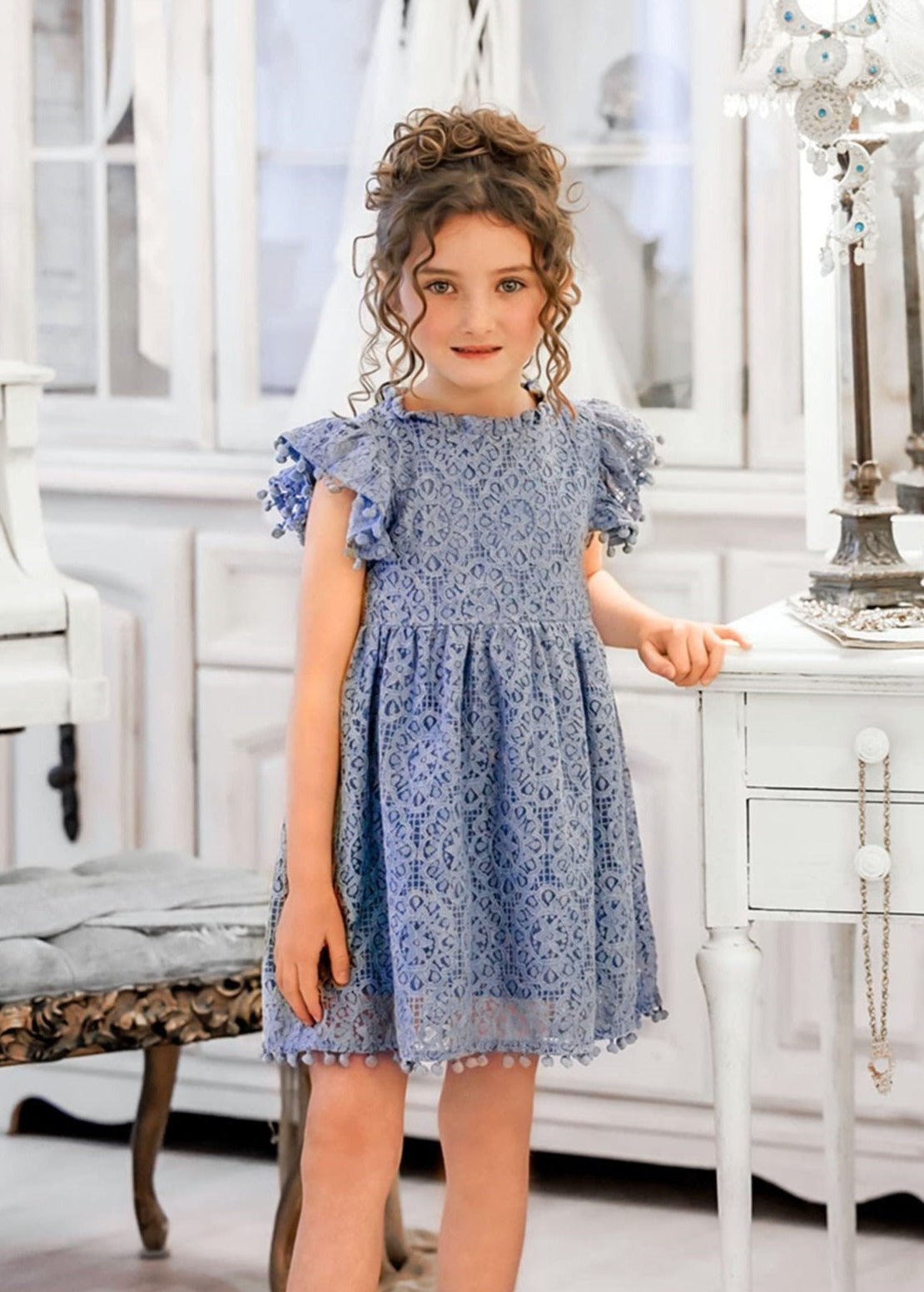 2Bunnies Girl Lace Dress Sunflower Pom Pom Trim (Dusty Blue) - 2BUNNIES