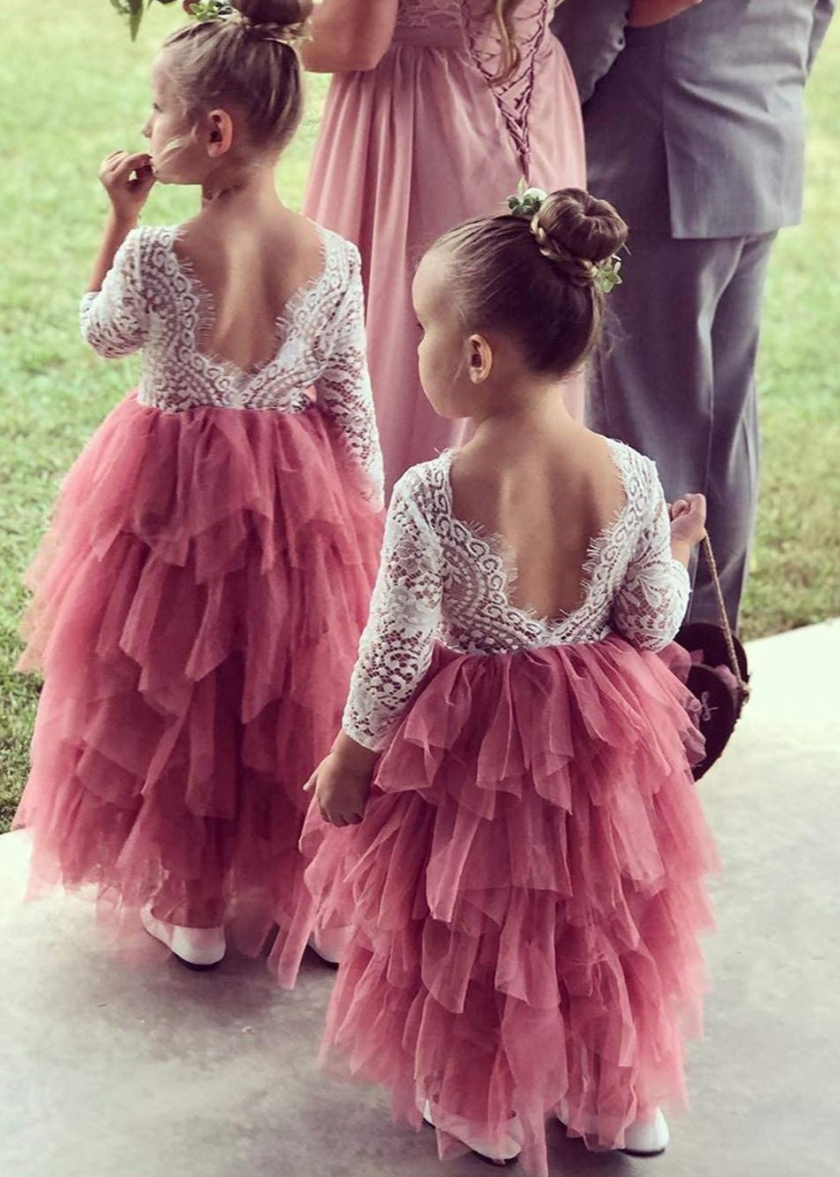 2Bunnies Flower Girl Dress Peony Lace Back A-Line Long Sleeve Tiered Tulle Maxi (Dusty Pink) - 2BUNNIES