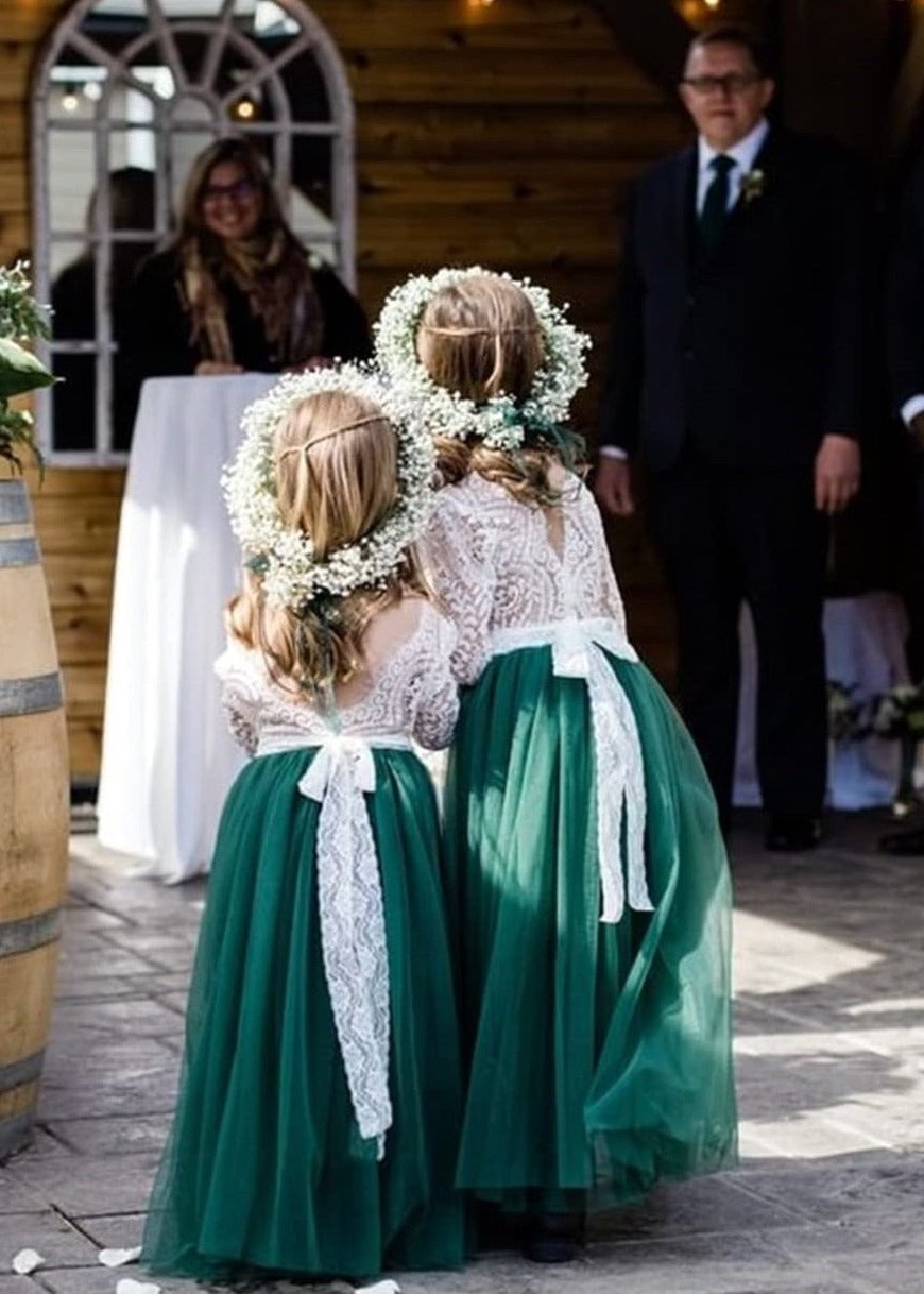 Peony Lace Flower Girl Dress in Green Sleeve Maxi – 2BUNNIES