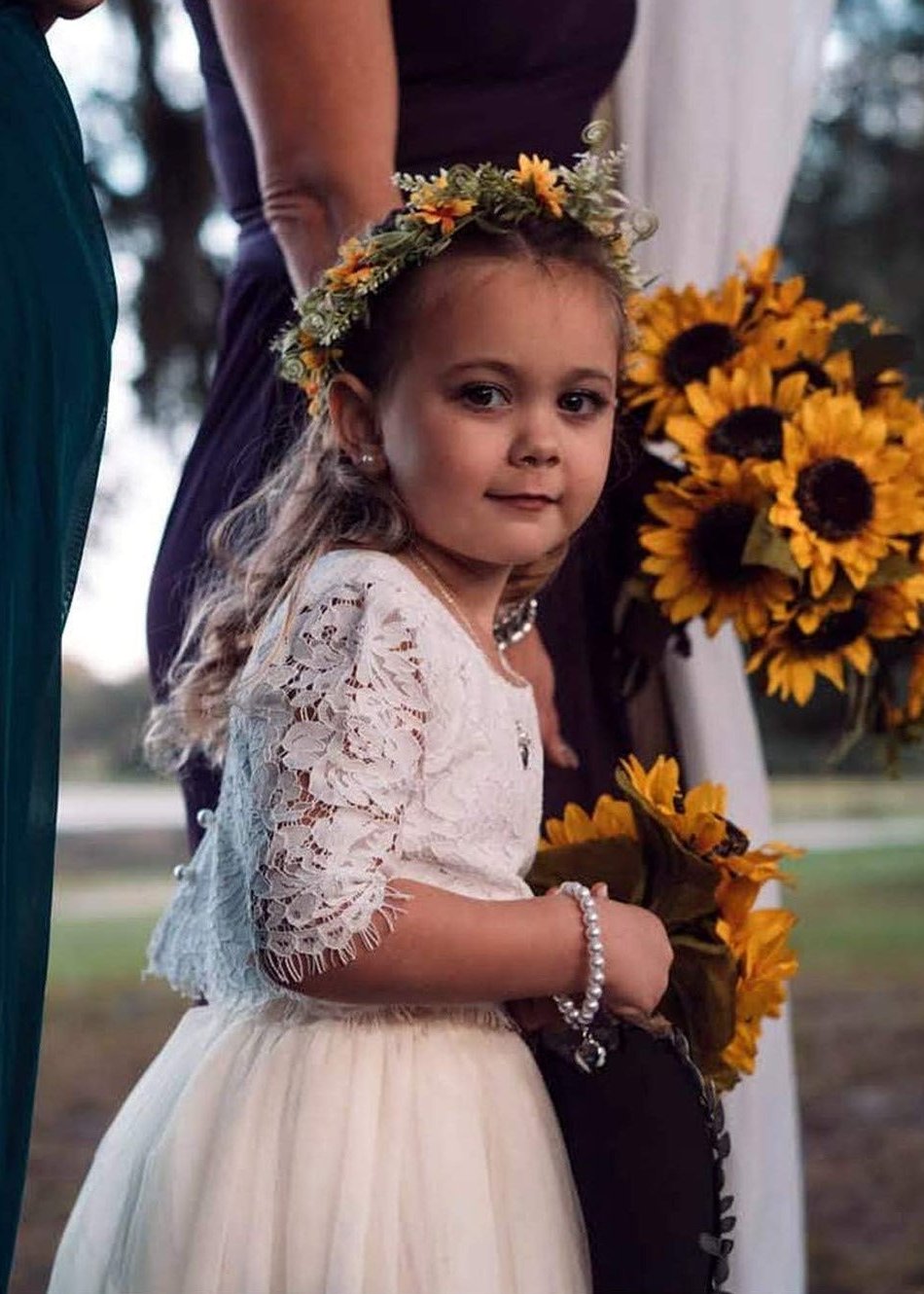 2Bunnies Flower Girl Dress 2 Piece Set Scallop Lace Long Sleeve Straight Tutu Maxi (Ivory) - 2BUNNIES