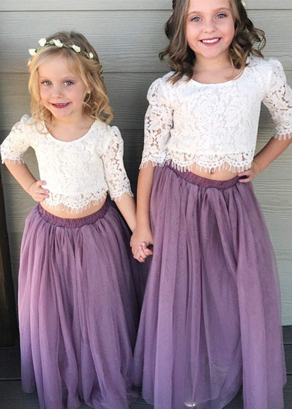 2Bunnies Flower Girl Dress 2 Piece Set Scallop Lace Long Sleeve Straight Tutu Maxi (Mauve) - 2BUNNIES