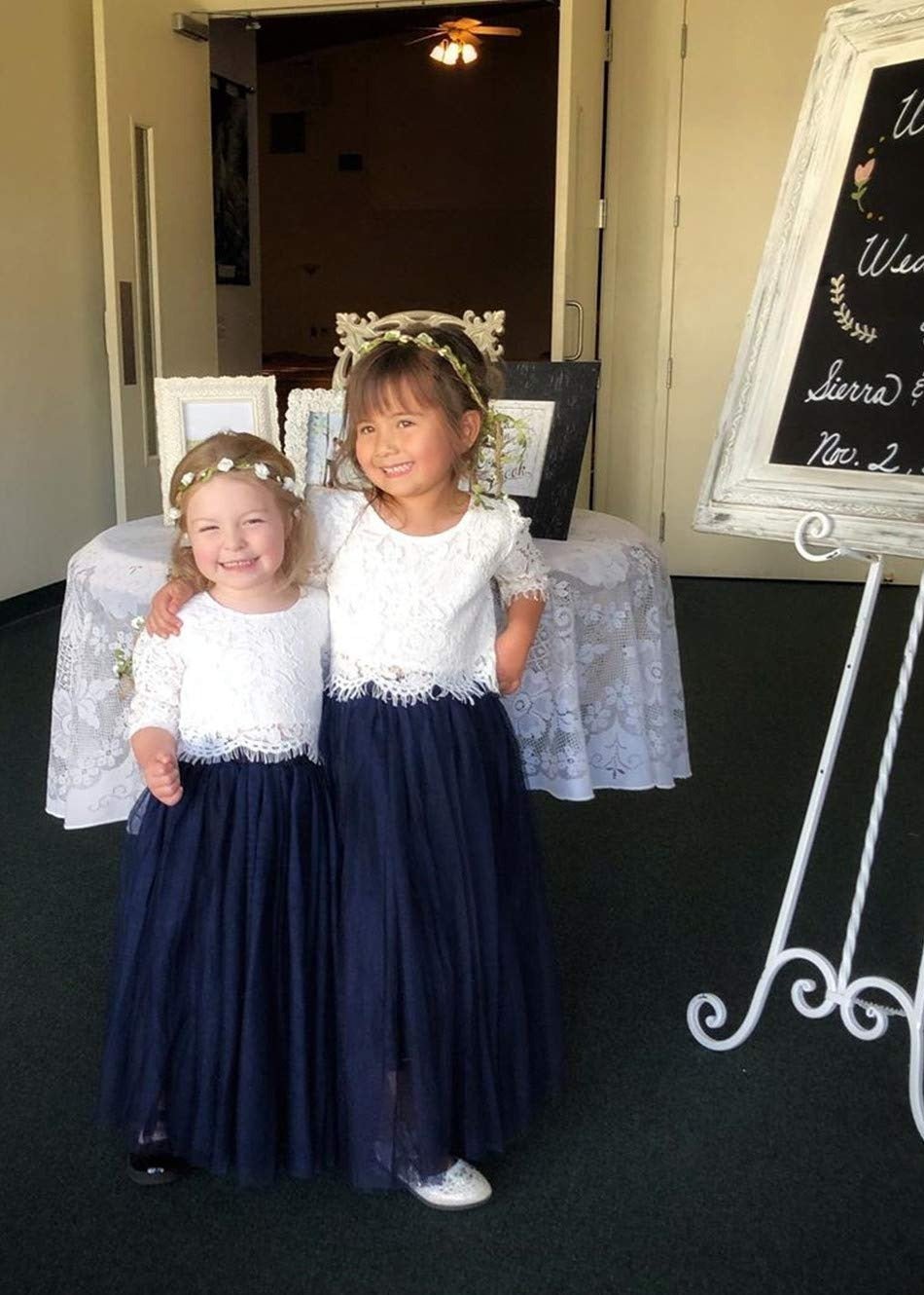 2Bunnies Flower Girl Dress 2 Piece Set Scallop Lace Long Sleeve Straight Tutu Maxi (Navy) - 2BUNNIES