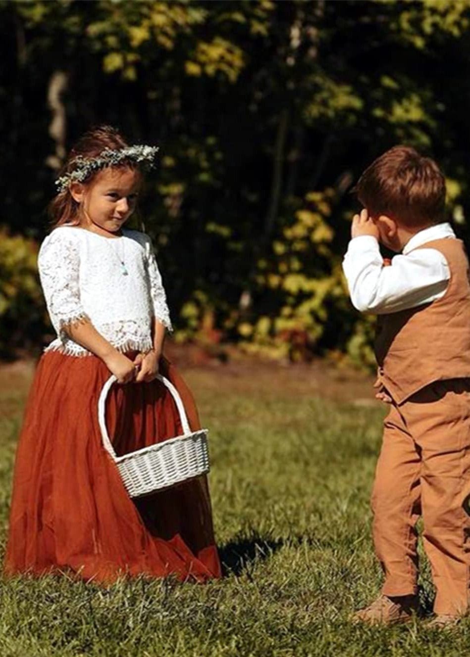 Scallop Lace 2 Piece Girl Dress Set in Burnt Orange - 2BUNNIES