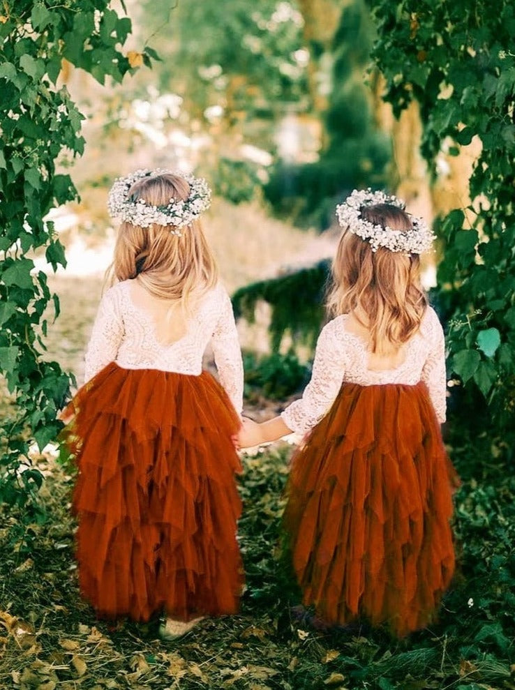 Peony Lace Flower Girl Dress in Burnt Orange (tiered)
