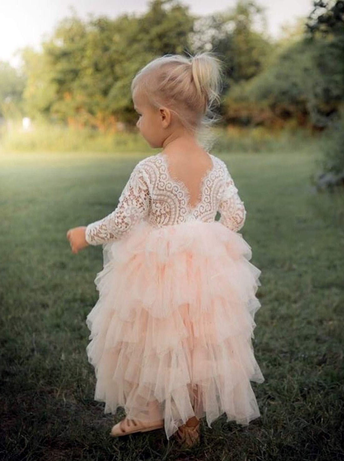 2Bunnies Flower Girl Dress Peony Lace Back A-Line Long Sleeve Tiered Tulle Maxi (Pink) - 2BUNNIES