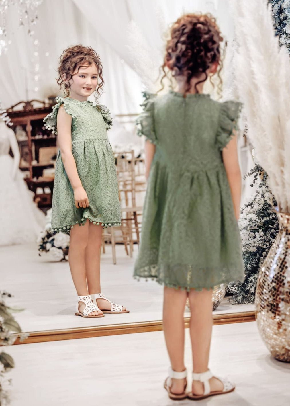 2Bunnies Girl Lace Dress Sunflower Pom Pom Trim (Sage) - 2BUNNIES