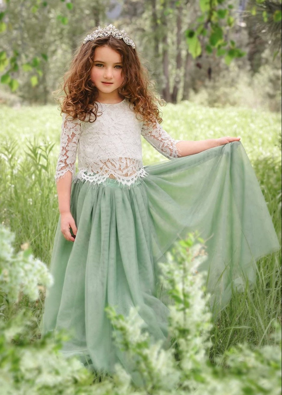 2Bunnies Flower Girl Dress 2 Piece Set Scallop Lace Long Sleeve Straight Tutu Maxi (Sage) - 2BUNNIES