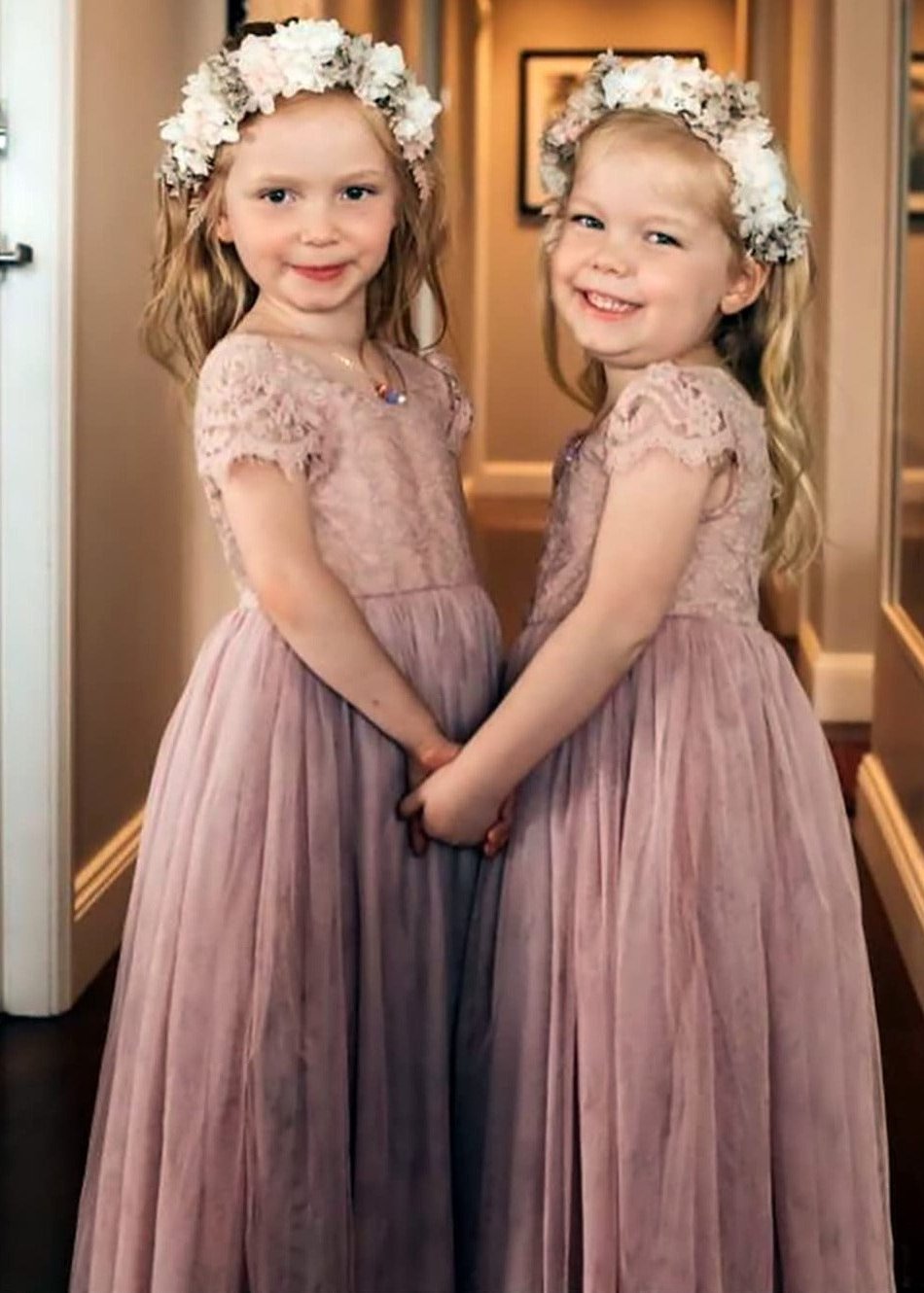 2Bunnies Flower Girl Dress Paisley Lace Back A-Line Short Sleeve Straight Tulle Maxi (Dusty Pink) - 2BUNNIES